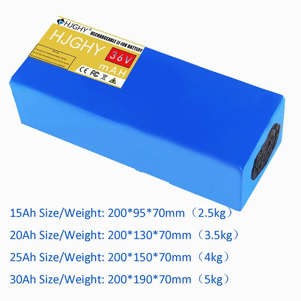 Paquete de baterías de Litio de 36 V y 15 Ah, 20 Ah, 25 Ah o 30 Ah con Cargador de 42 V y 2 A para Motor de Bicicleta o Patinete eléctrico de 1000 W.
