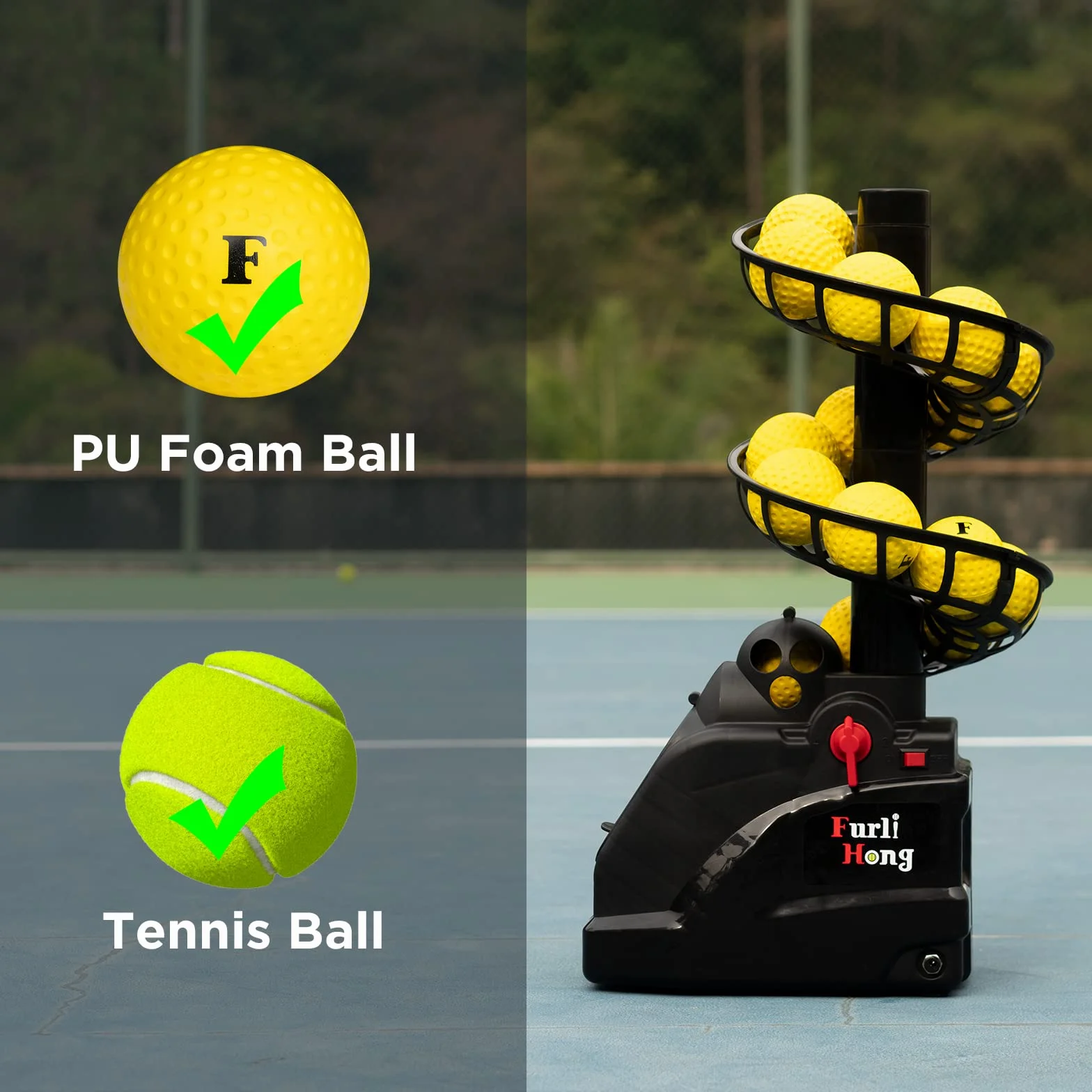 Furlihong 6802BH Lanzador de Pelotas 2 en 1 para Béisbol y Tenis, Velocidad de Lanzamiento Ajustable, Alimentado por Batería o Adaptador de Corriente, Pista Extendible, Ideal para Niños