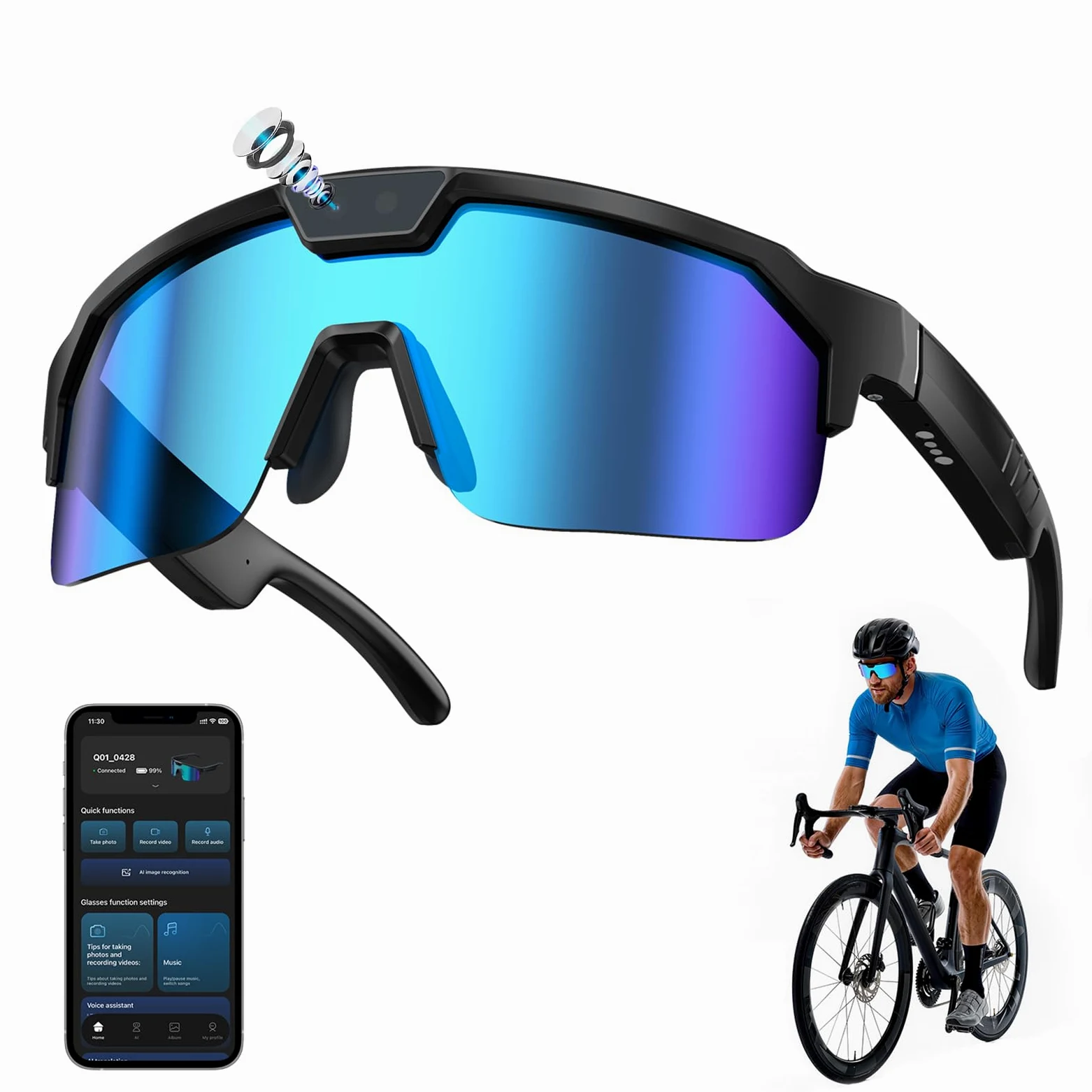 GenXenon Gafas Inteligentes IA con Cámara, Gafas Cámara 8 MP con Foto y Grabación Video, Gafas Ciclismo con Altavoces Abiertos, Gafas Sol Cámara para Ciclismo, MTB y Esquí