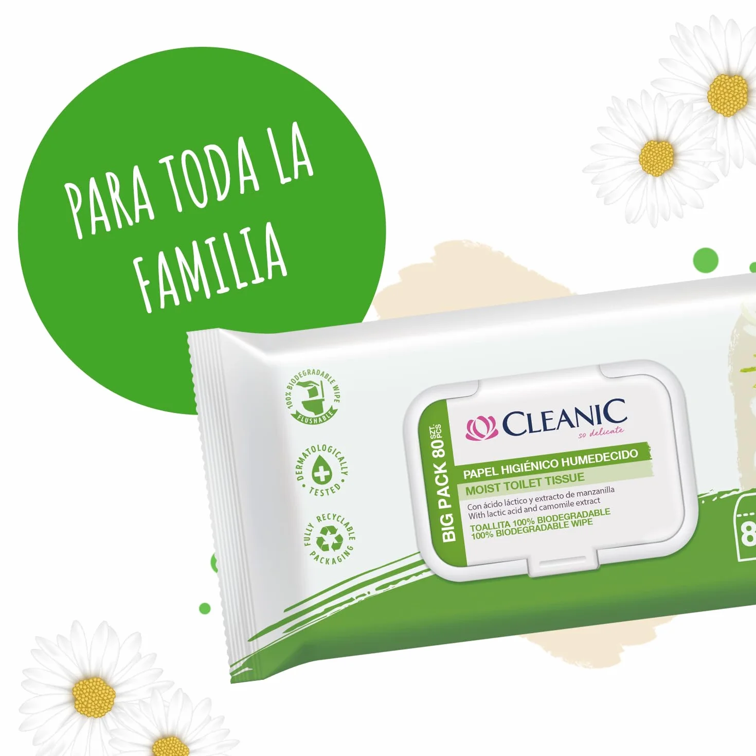 Cleanic Papel Higiénico Hidratado con Extracto de Manzanilla 80 Piezas - Toallitas Humedecidas para Limpieza Íntima