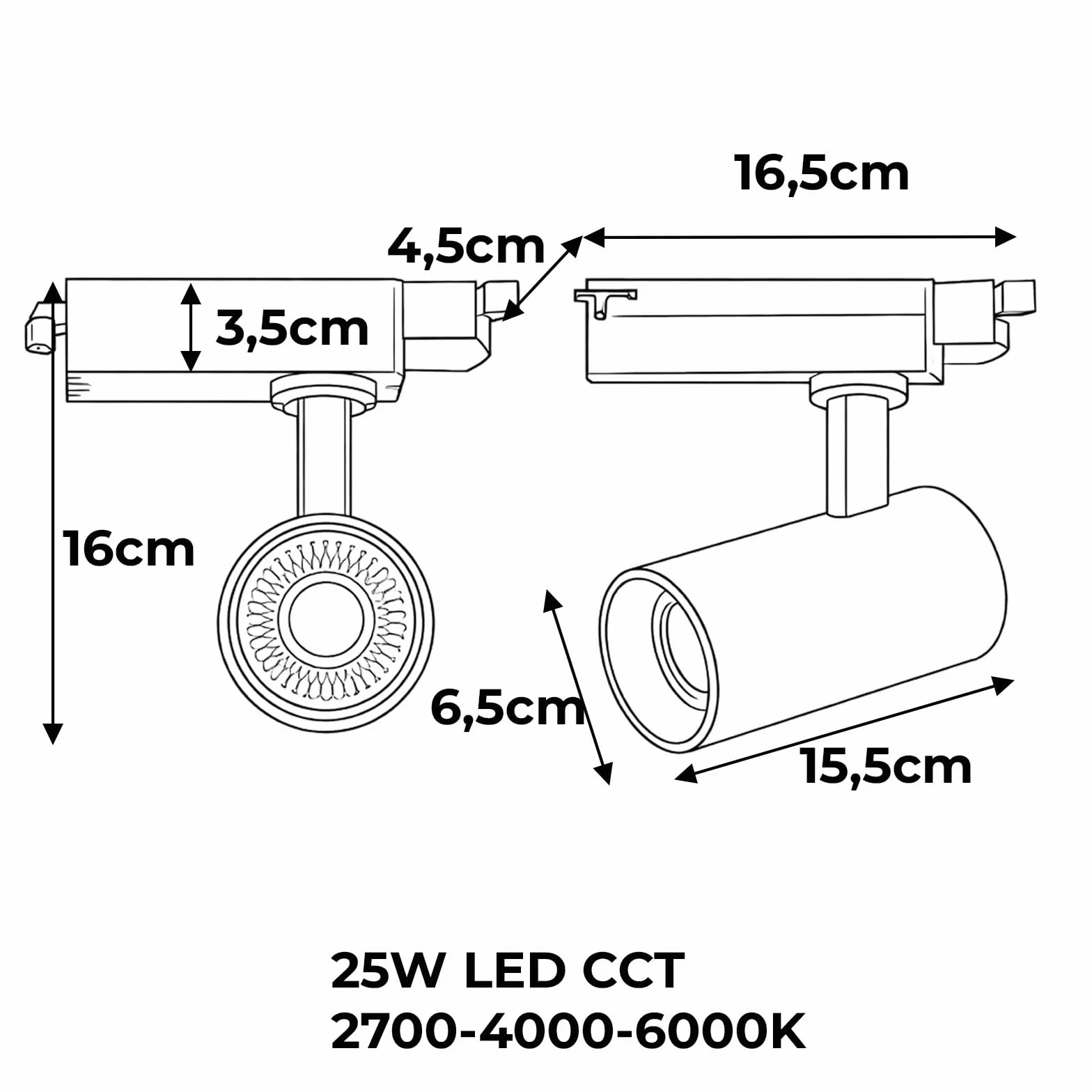 Foco LED para Carril Monofásico 25W 2500lm CRI>90 CCT Seleccionable 2700K-4000K-6000K Orientable Negro Mate IP20