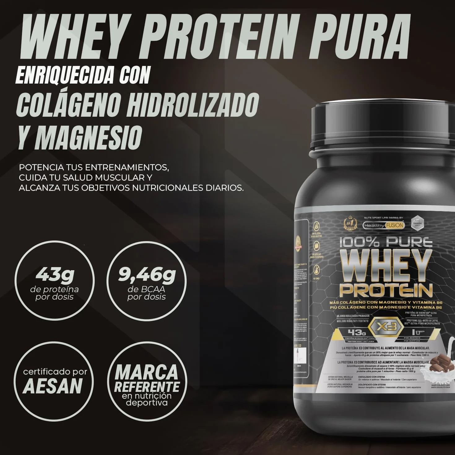 Healthy Fusion Whey Protein 1000g Proteína Whey Pura con Colágeno y Magnesio Chocolate