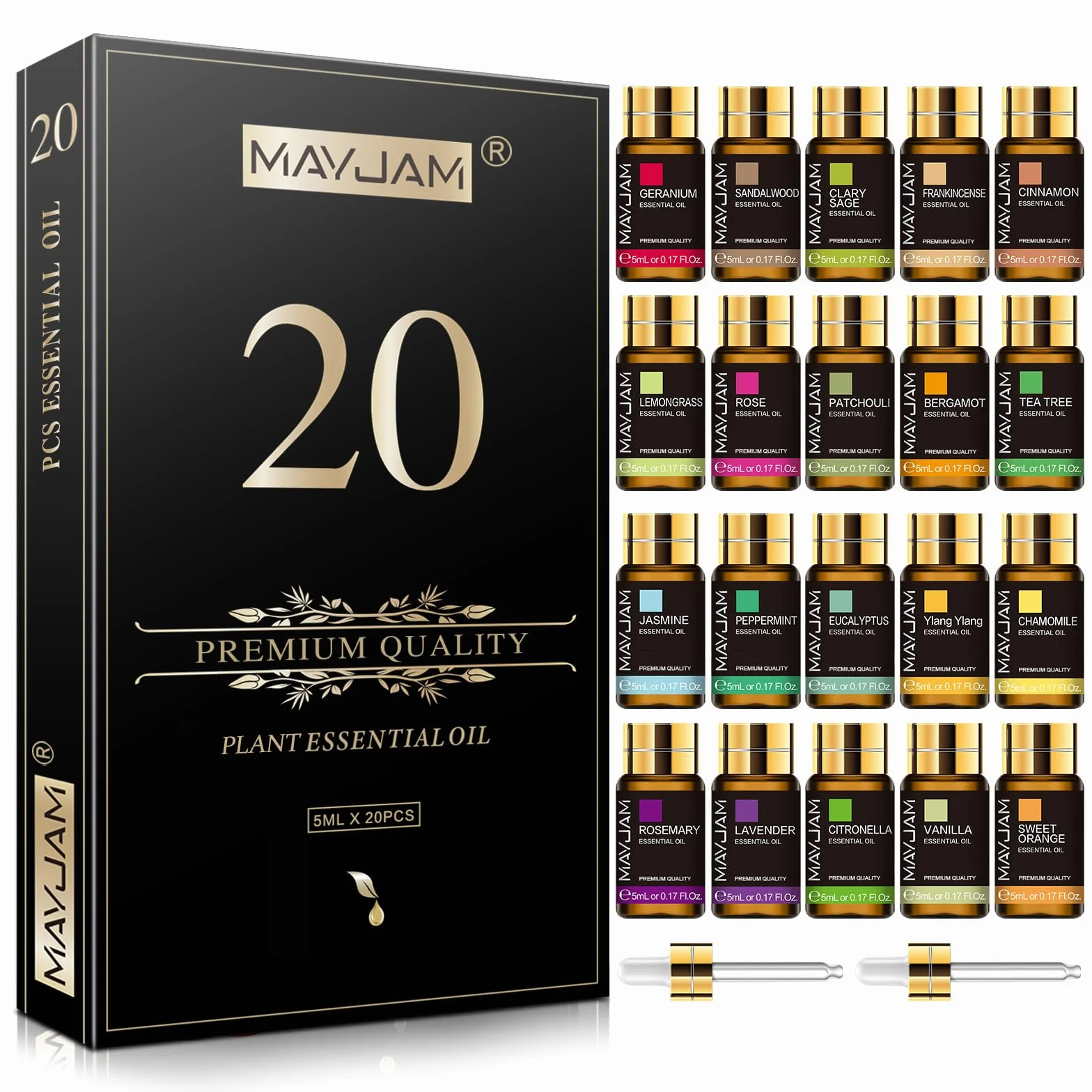 MAYJAM Juego De Aceites Esenciales 20pcs, Set De Regalo Para Difusor - Lavanda, Jazmín, Eucalipto, Vainilla, Sándalo, Naranja Dulce, Rosa, Bergamota