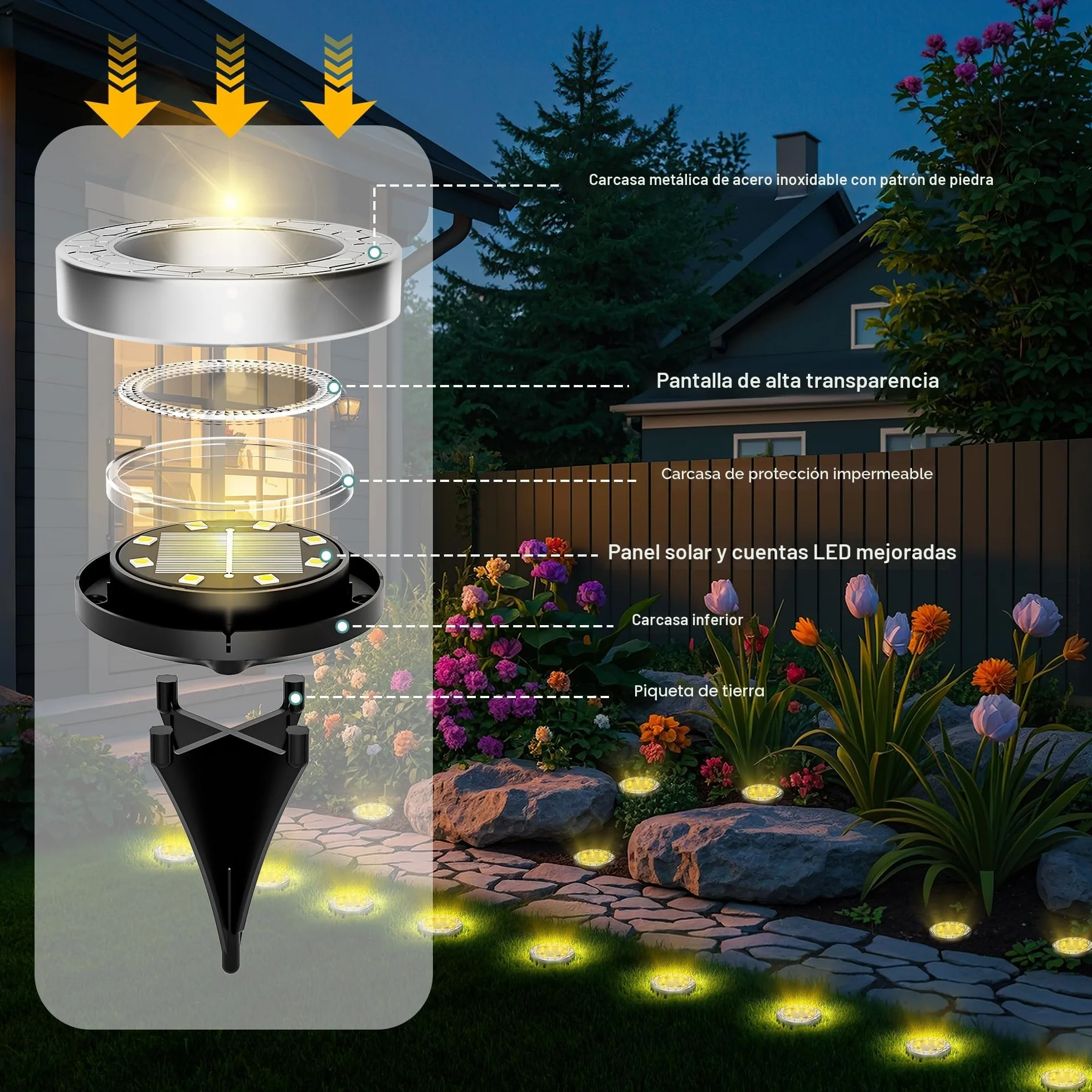 FIFlying 10 Piezas Luces Solares LED Exterior Jardín, 8 LED, Acero Inoxidable, Blanco Cálido