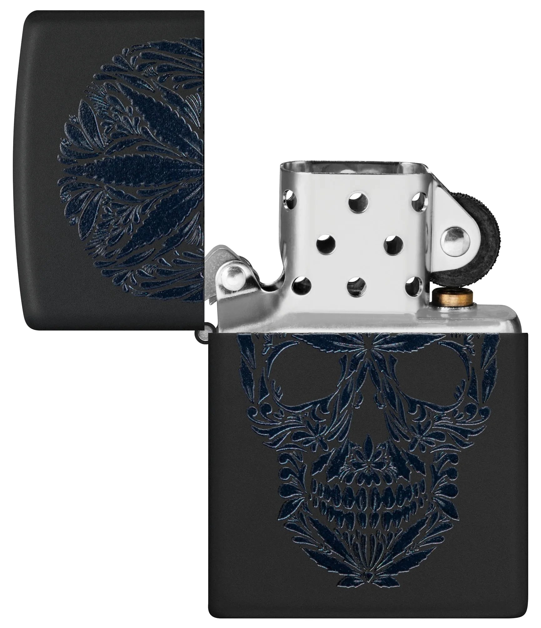 Zippo Encendedor a Prueba de Viento - Modelo Cannabis Skull - Acabado Negro Mate con Efecto Luz Negra - Recargable - Reutilizable - Diseño a Prueba de Viento - Caja de Regalo - Hecho en EEUU