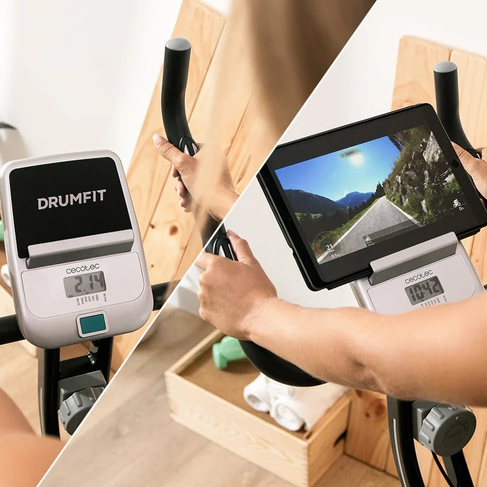 Cecotec Bicicleta Estática Plegable DrumFit X-Bike Neo Ultra. Sillín Confort con Respaldo, Volante de Inercia 1,5kg, 8 Niveles, Plegado Fácil y Compacto, Pantalla LCD, Soporte Dispositivos, Pulsómetro