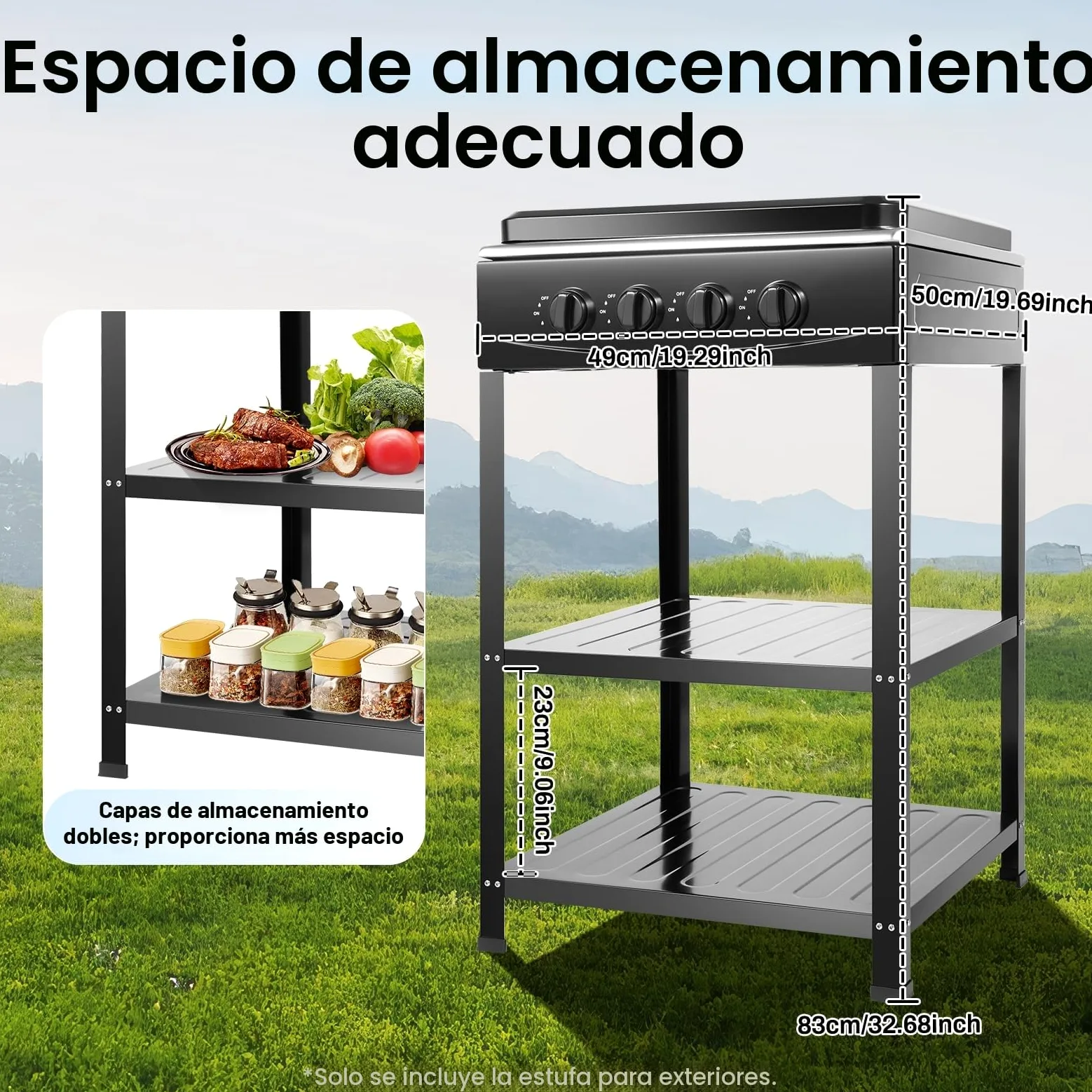 Cocina de Gas Natural de 4 Quemadores, Estufa de Gas Independiente con Doble Estante, para Camping o Actividades Familiares al Aire Libre, 49 x 49 x 79 cm