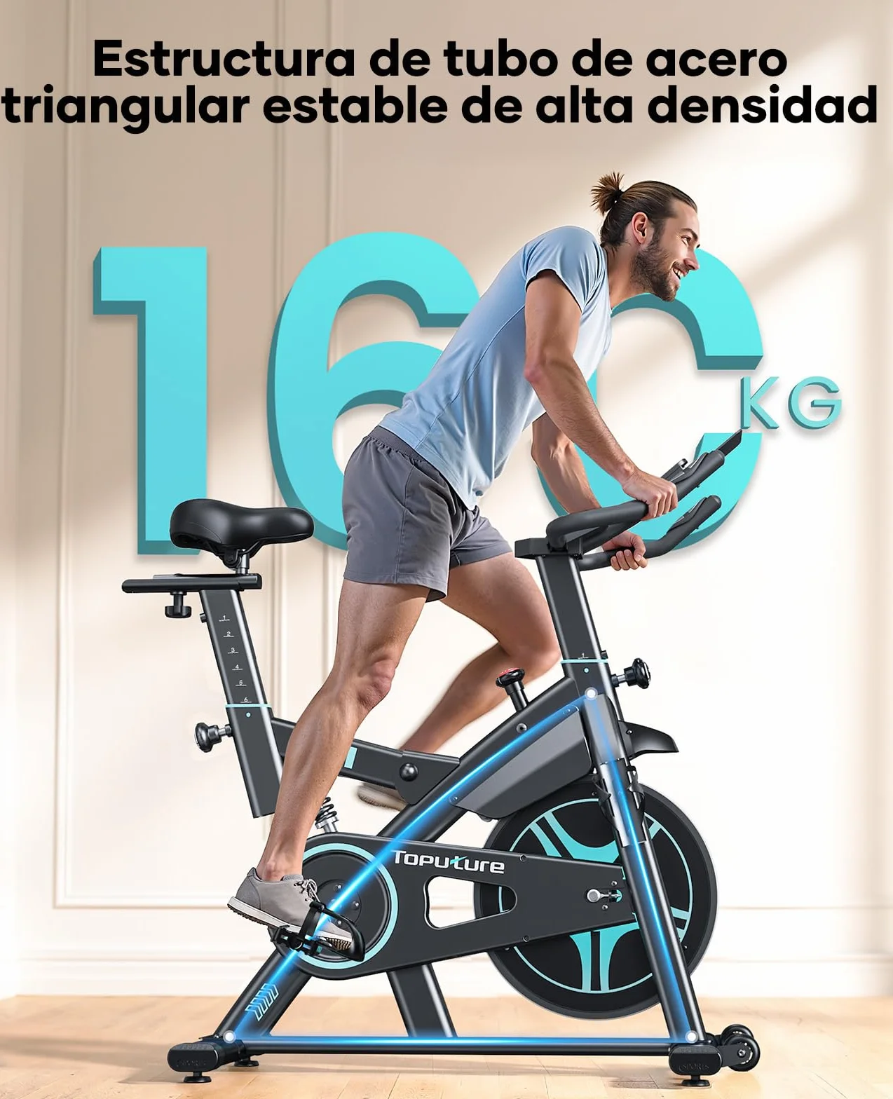 Toputure Bicicleta Estática para Uso DoméStico con APP y Volante 15KG, Muelle Amortiguado para Absorción de Impactos, Bicicleta de Spinning Magnética para Interior, Fitness y Cardio en Casa, MAX 160KG