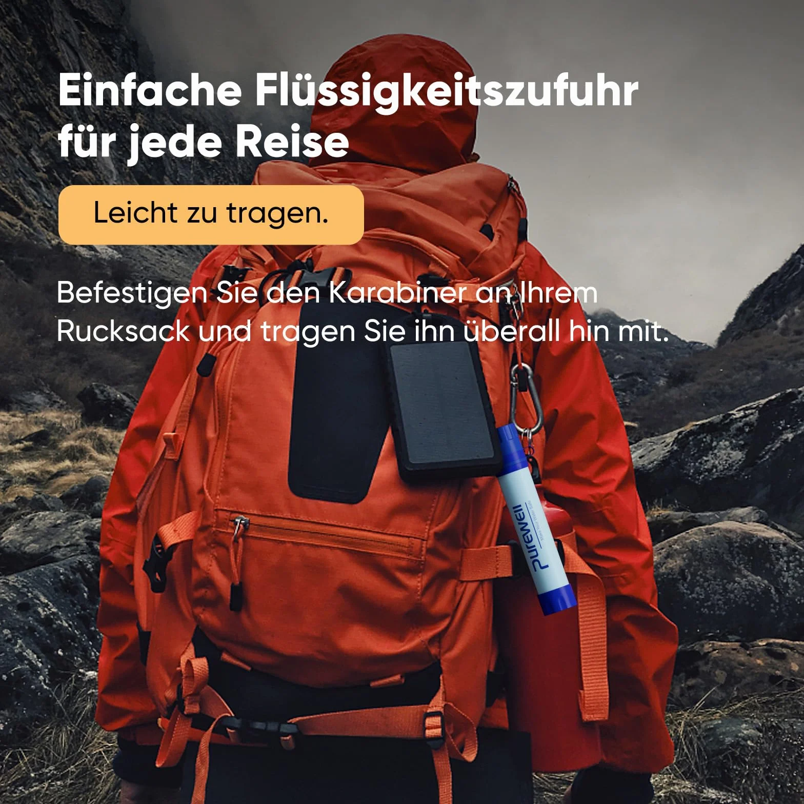 Purewell Filtro de agua personal 1500L Filtro de agua para exteriores Elimina el 99,102% de los contaminantes, trekking, viajes de aventura y preparación para emergencias