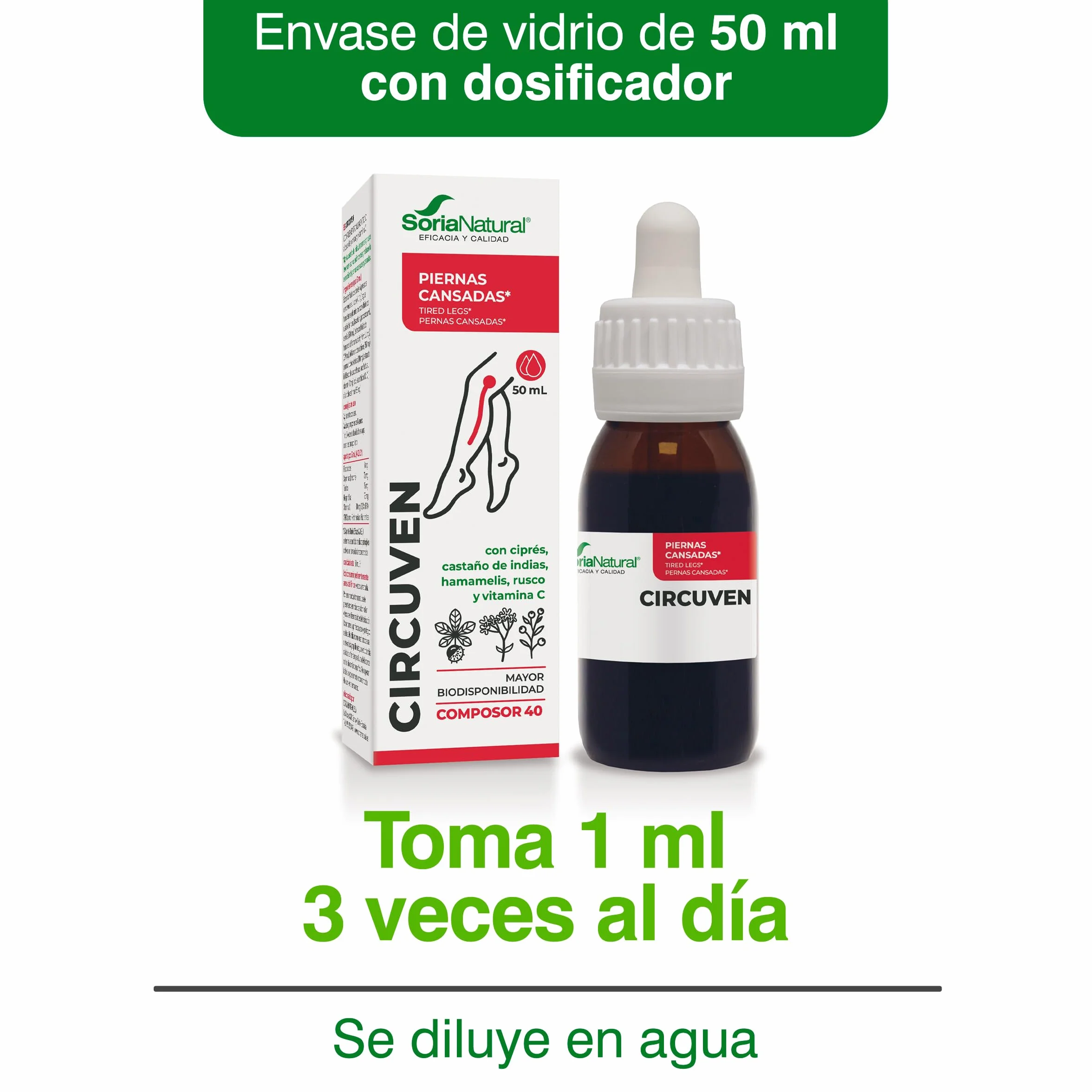 Soria Natural Composor 40 Circuven Alivio Piernas cansadas Circulación de Retorno - Castaño de Indias, Ciprés, Hamamelis, Rusco, Vitamina C - 50mL