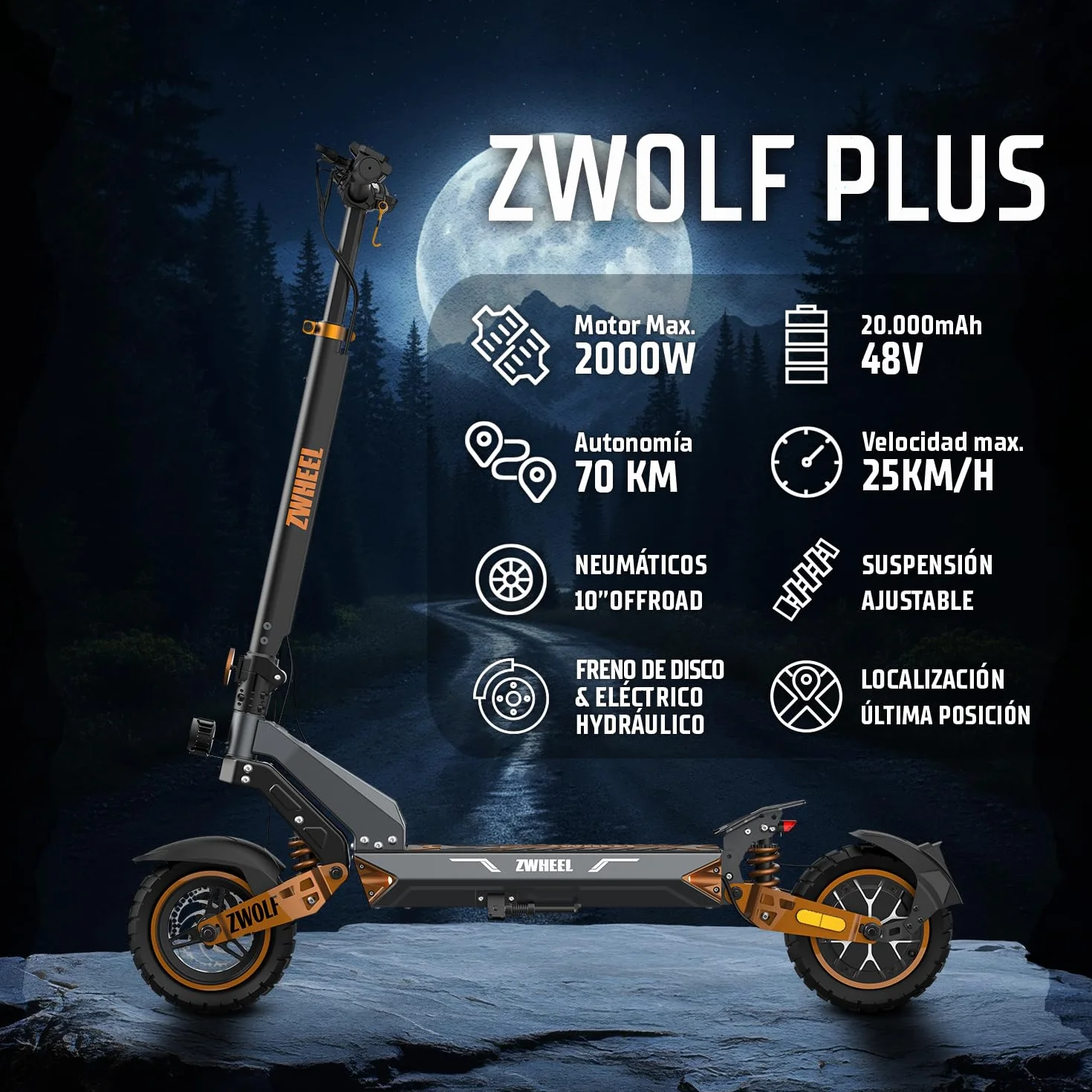 ZWHEEL ZWOLF | Patinete Eléctrico Adultos Homologado DGT - 500W-1000W MAX, 50-70km Autonomía, Geolocalización, Suspensión Híbrida Ajustable, Frenos Regeneradores AER - Ruedas 10" Offroad