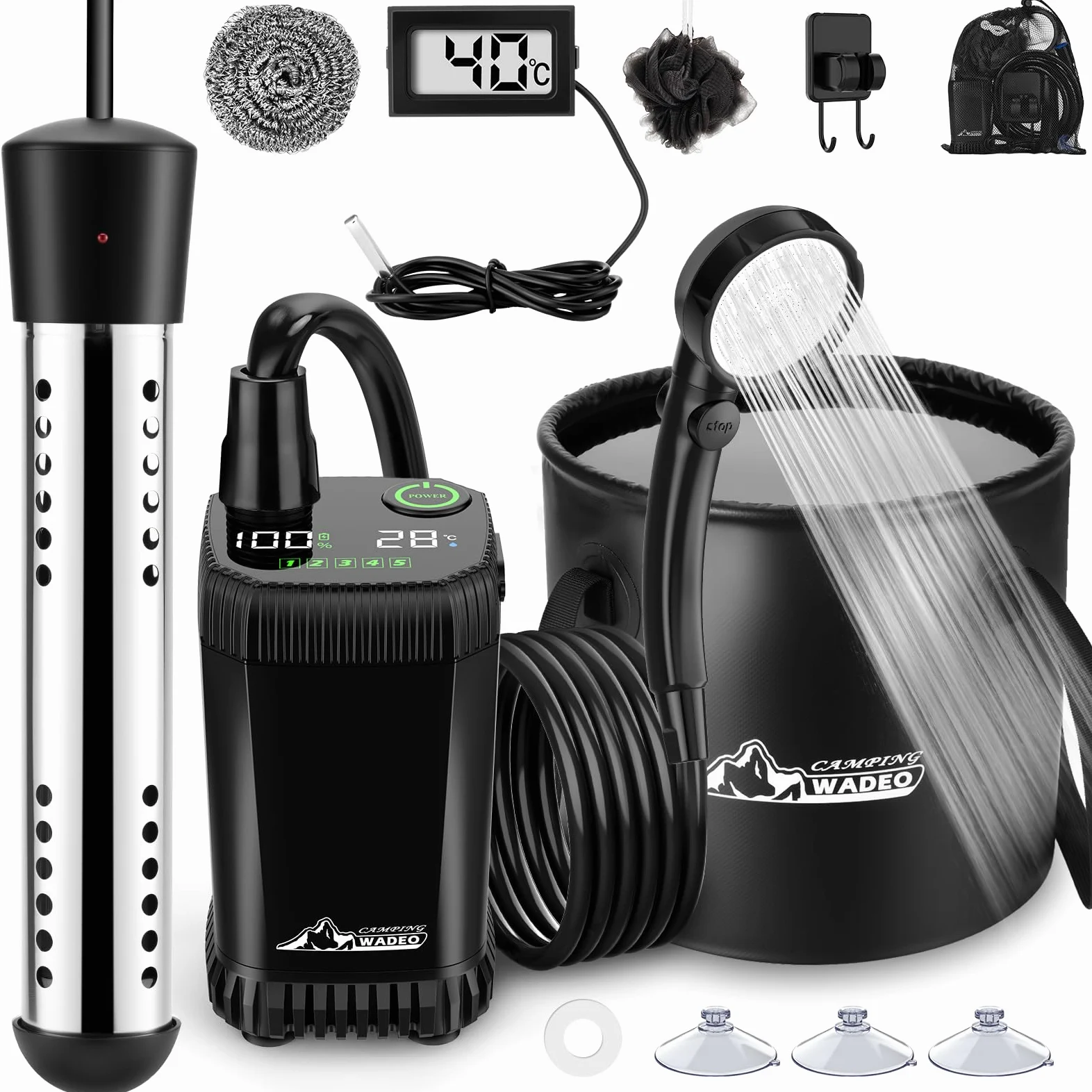 WADEO Ducha portátil para Camping 6000 mAh con Cubo Plegable de 20 l, Agua Caliente, Bomba Recargable de 5 velocidades con Pantalla LED, 4 Modos de Chorro para Caravana, Viaje, Coche, Mascotas