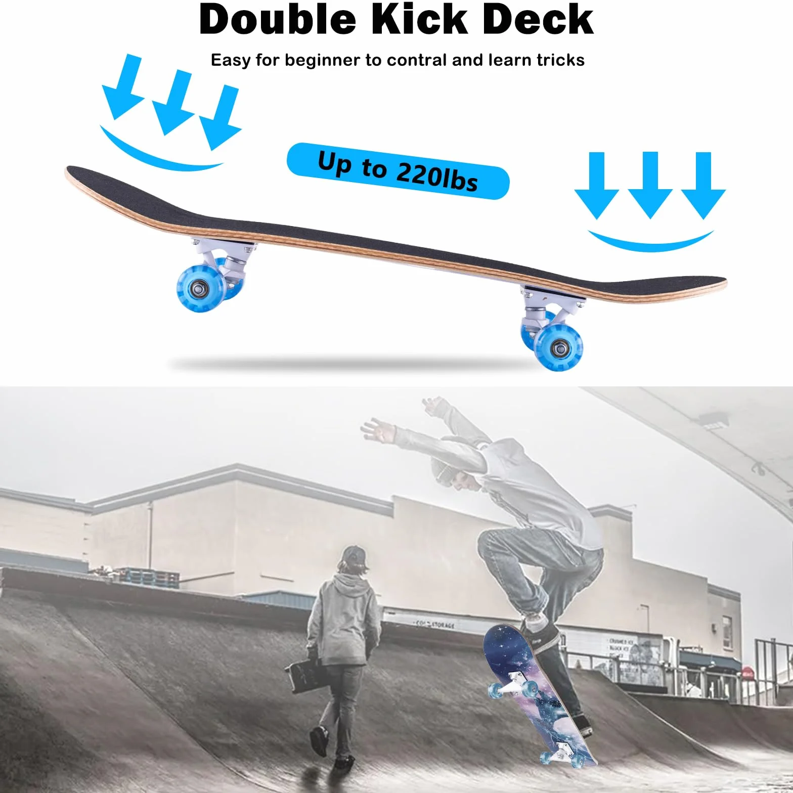 Monopatín Cruiser Skateboard 31 x 8 pulgadas Doble Kick Deck Cóncavo ABEC-11 Rodamientos 8 Capas Madera de Arce