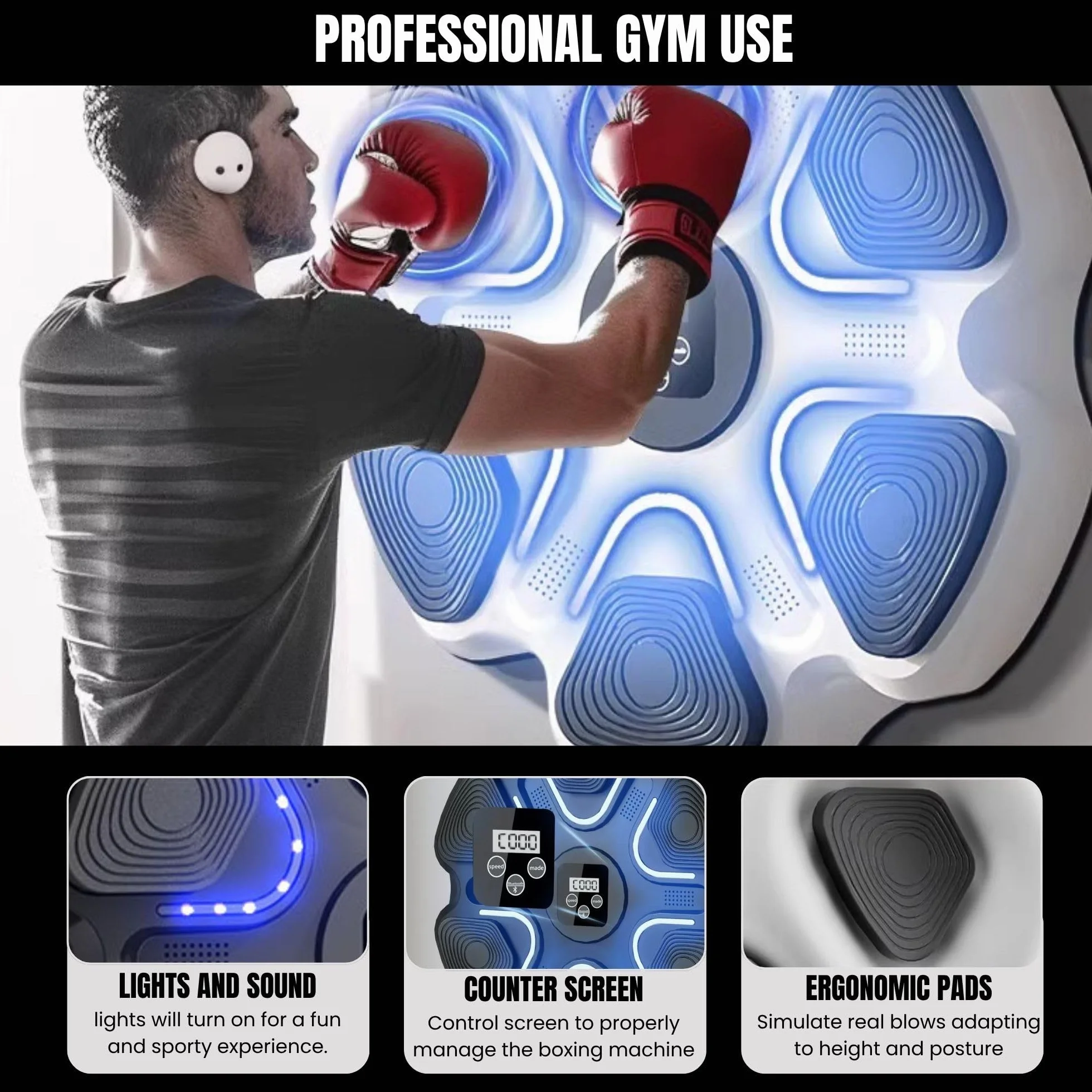 Máquina de Entrenamiento de Boxeo Musical con LED, Bluetooth, 9 Modos, 37x37 cm