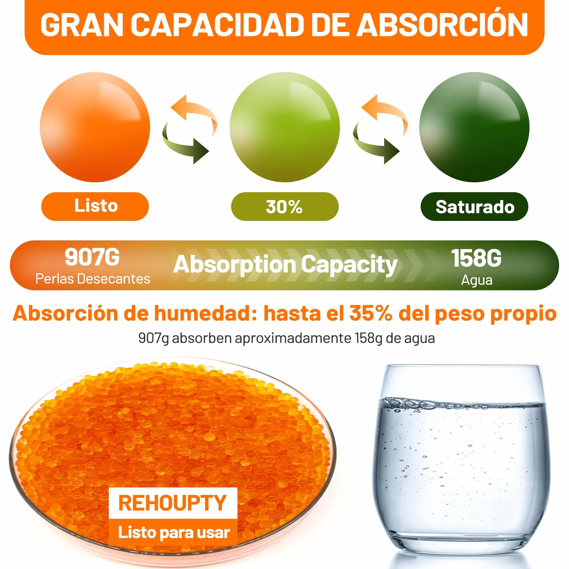 Naranja Gel de Sílice 907g, Perlas Desecantes 3-5mm Reutilizables para Filamento 3D