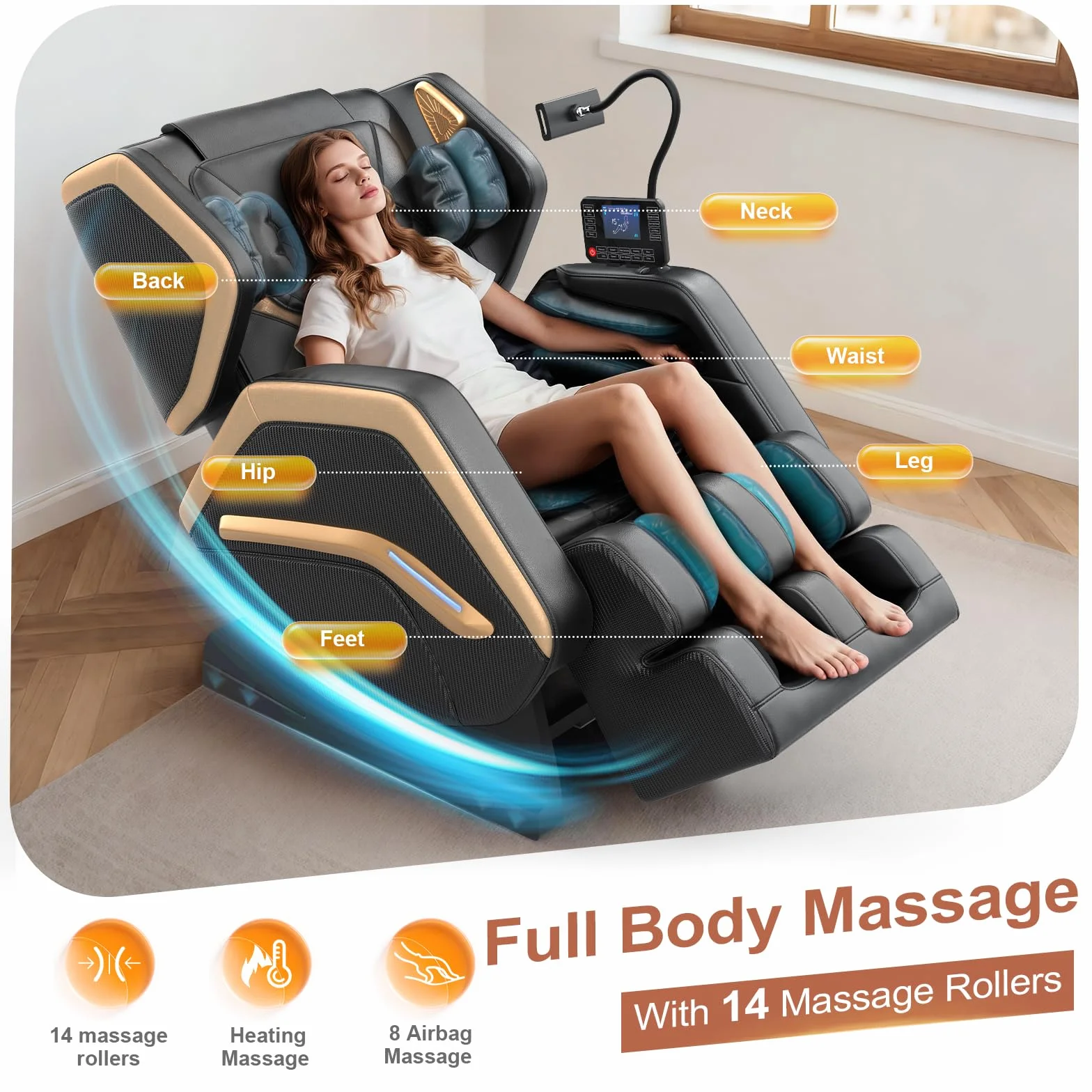 Sillón de Masaje para Todo el Cuerpo, 14 Rodillos, Calefacción, Masaje de Pies, 8 Airbags, Bluetooth, Mando a Distancia