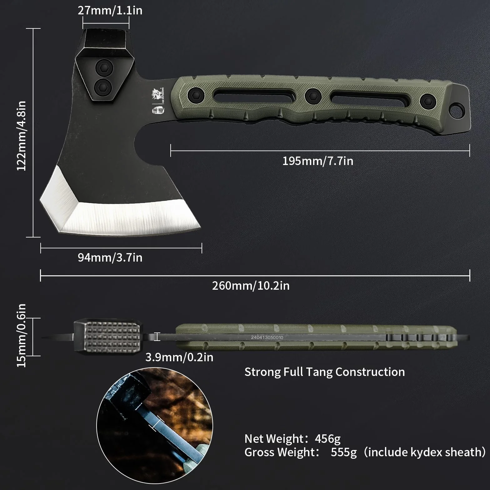 Hacha de Partir Multifuncional, Pequeña Hacha de Supervivencia y Táctica para Camping, Hachas de Mano para Bushcraft con Martillo y Funda de Kydex (Verde Militar)