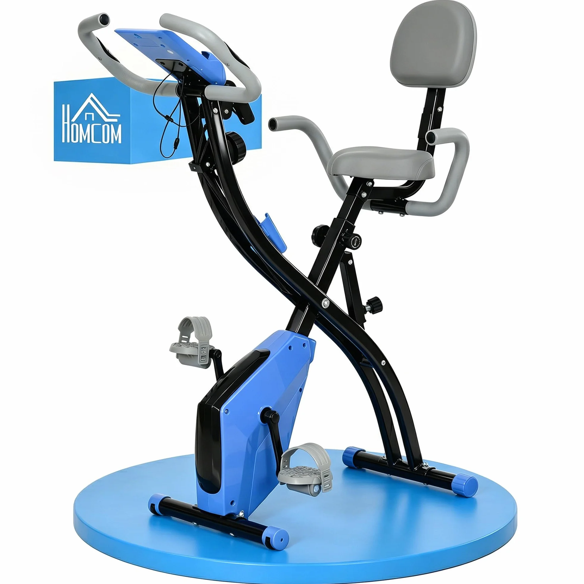 HOMCOM Bicicleta Estática Plegable 3 en 1 con Respaldo y 8 Niveles Resistencia Magnética, Bicicleta Estática para Casa Ajustable con Monitor LCD Volante Banda Sensor de Pulso Soporte de Teléfono