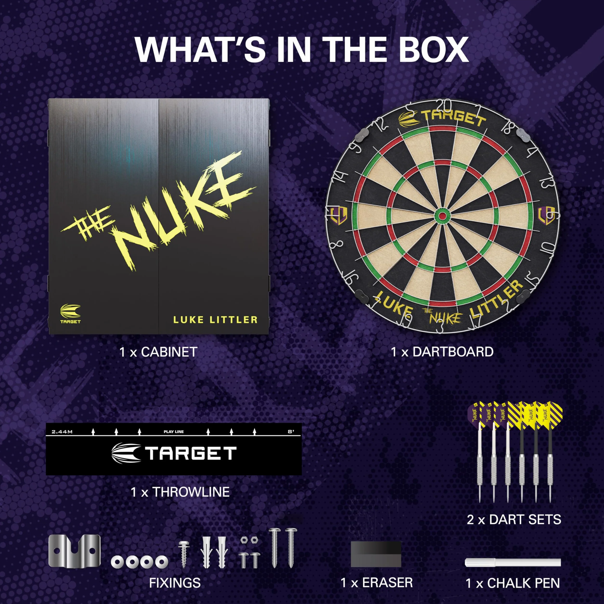 Target Darts Juego de Diana y Armario para Jugadores | Luke Littler/Dimitri Van den Bergh/Gabriel Clemens | Armario para Diana con 2 Juegos de Dardos con Punta de Acero, Tablas de Puntuación, Línea