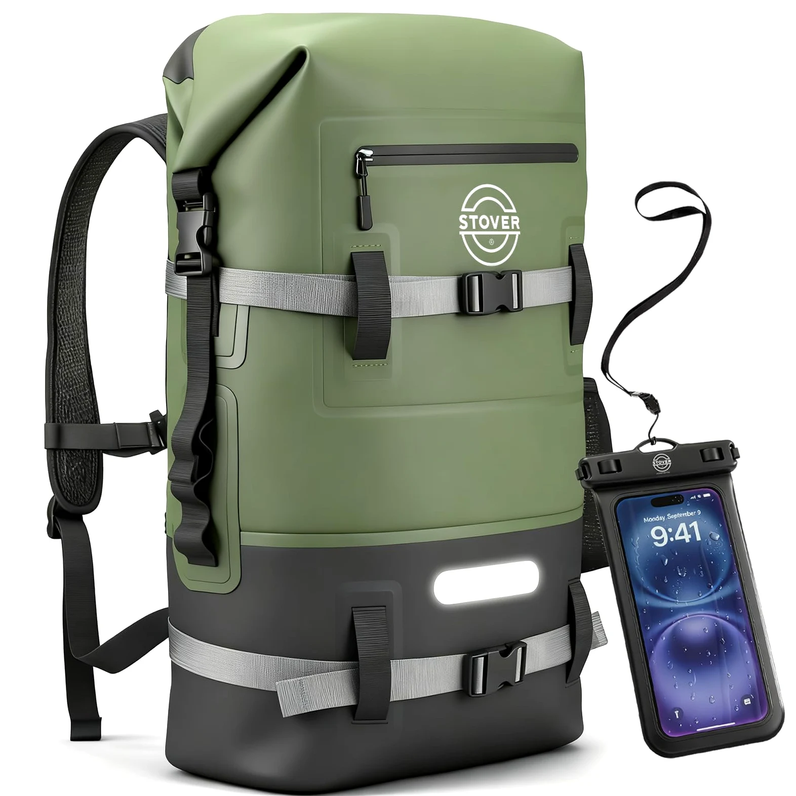 STOVER Bolsa seca impermeable de 25/30/40/55 L, mochila seca resistente con parte superior enrollable para kayak, canotaje, camping, hombres y mujeres, Verde, 40L US, Bolsa seca