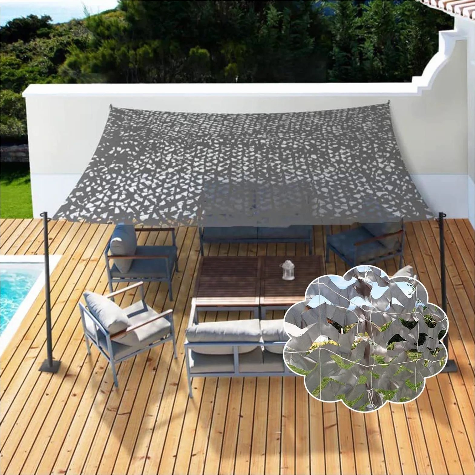 Malla De Camuflaje Gris, Red De Camuflaje Caza, 2x3/3x4/5x6m Red De Sombra Militar, para Decoración Camuflaje, Protección Solar Terraza, Camping Exterior,3x5m(9.8 * 16.4ft)