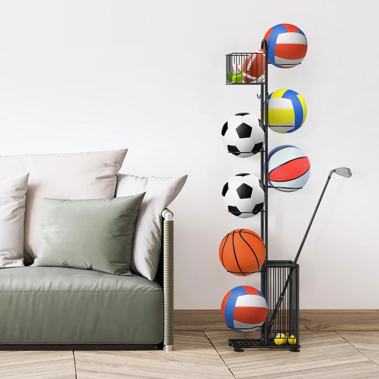 Smusei Soporte de bolas de metal 7 niveles vertical con cestas y ganchos organizador para baloncesto fútbol voleibol