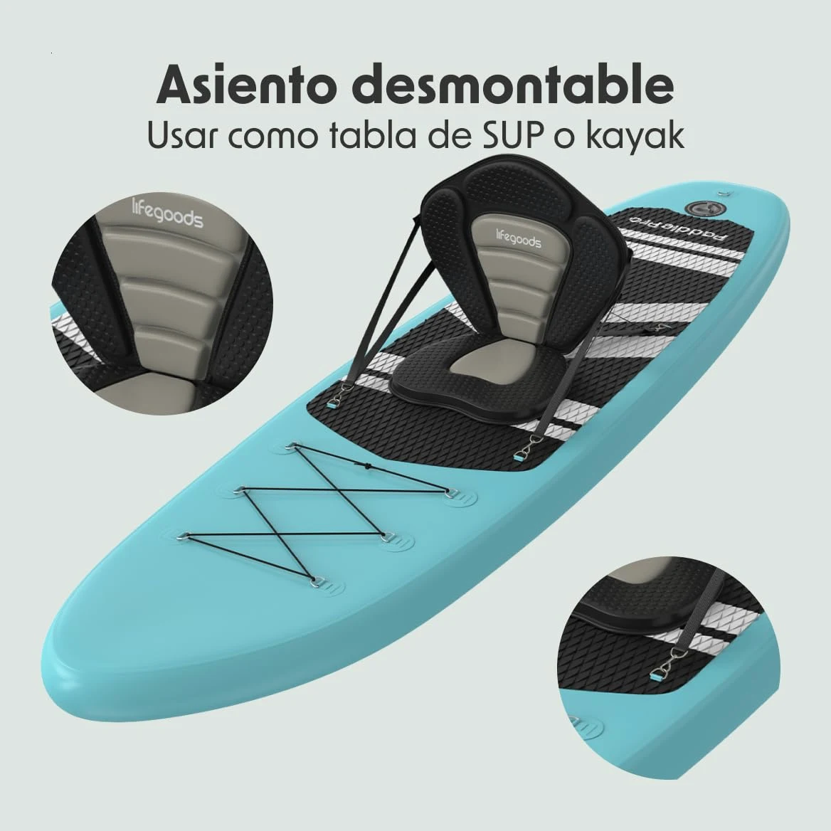 LifeGoods Tabla Paddle Surf Hinchable con Asiento - Padel Surf - Stand Up Paddle Board Completo - Remo Ajustable de Aluminio - Bomba, Mochila y Aletas Incluidas - 320x81x15cm - hasta 150kg