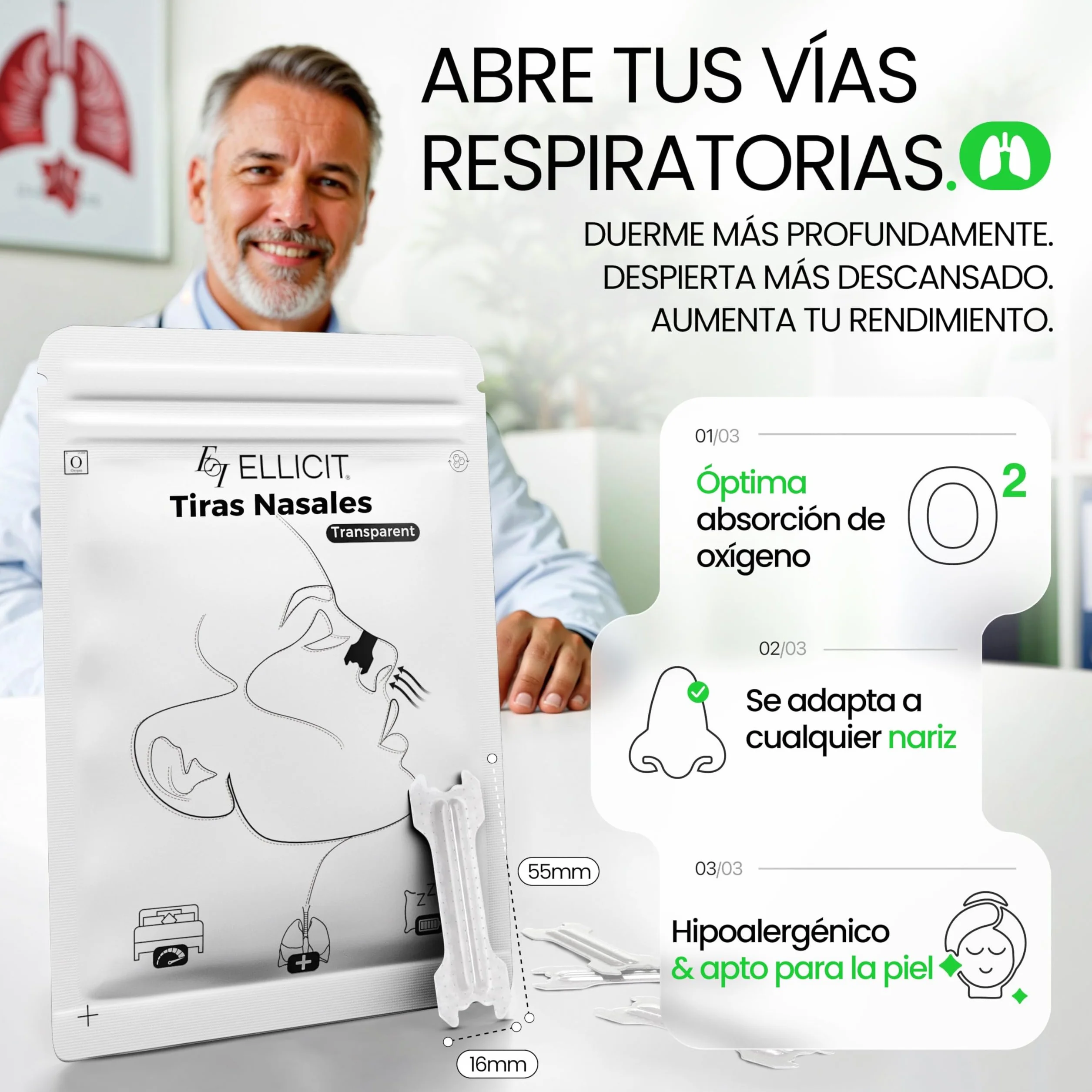 Ellicit Tiras Nasales Transparentes, Paquete de 30, Contra Ronquidos, Soporte Deportes, Mejor Respiración