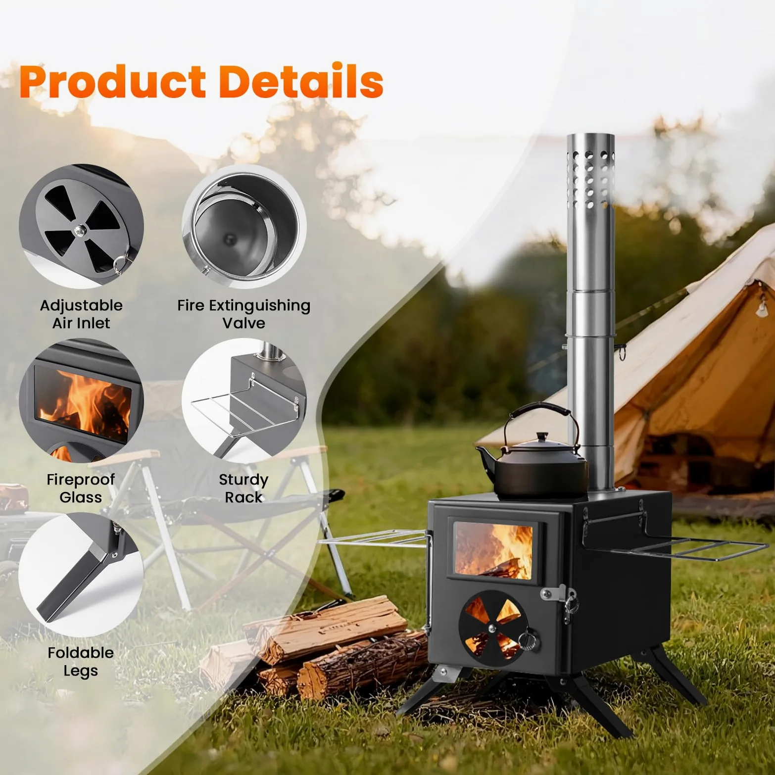 SOPPY Horno de tienda de campaña mini estufa de leña portátil de camping de acero inoxidable estufa de camping horno de jardín con tubos de chimenea horno de taller para tienda de campaña/jardín