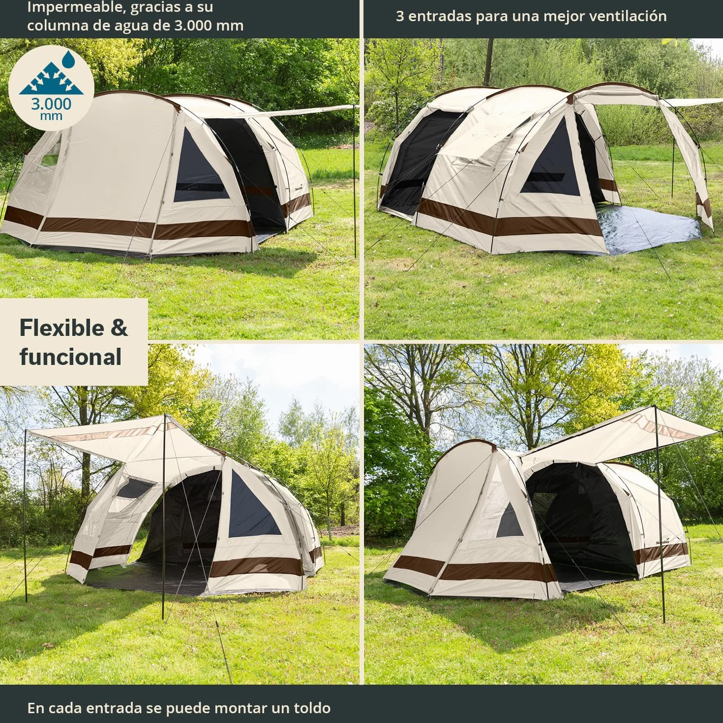 Skandika Kambo Tienda de campaña Familiar túnel para 6/8/12 Personas | Impermeable con 3000 de Columna de Agua, 2 m de Altura, 3 entradas, Techo Solar, toldo