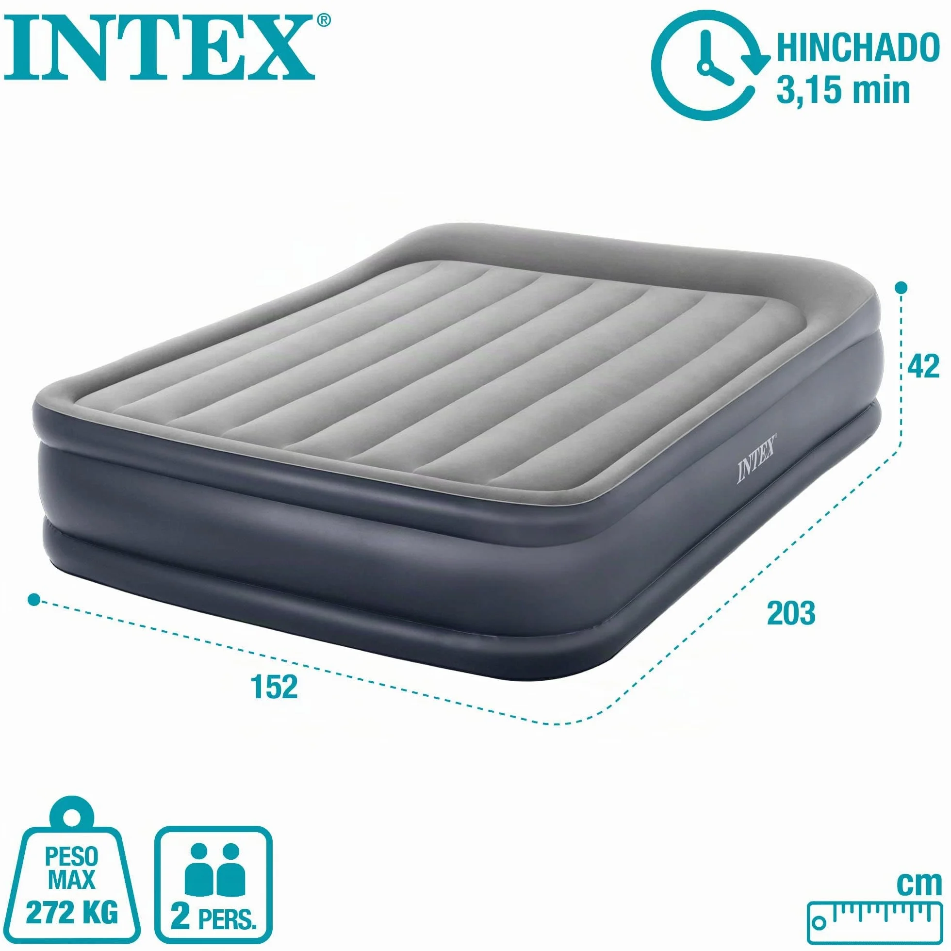 Intex 64136 Deluxe Pillow Rest Colchón Hinchable Doble, con Tecnología Fiber-Tech, de la Línea Dura-Beam Plus, Medidas 152x203x42 cm, Peso Máximo 272 kg