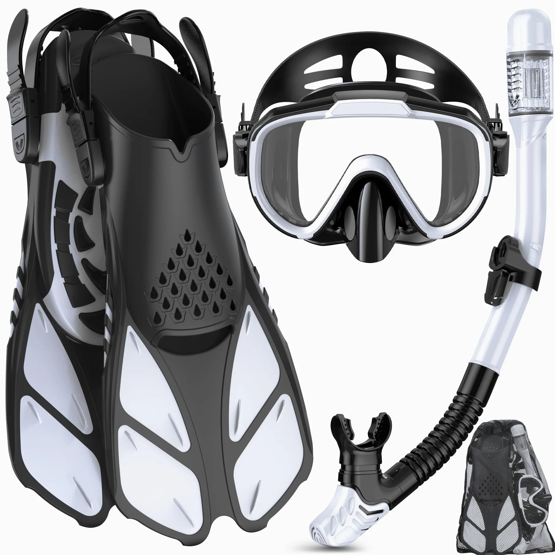 Ubekezele Equipo de esnórquel para adultos, hombres y mujeres, juego de esnórquel 4 en 1 con máscara de buceo de vista panorámica, antivaho, antifugas, esnórquel seco, aletas y bolsa de viaje para