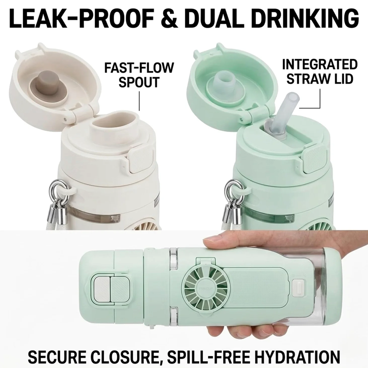 Botella de agua 2 en 1 con ventilador plegable integrado, botella de agua de refrigeración portátil de 690 ml con ventilador de 3 velocidades, popote a prueba de fugas y tapa de boquilla para viajes
