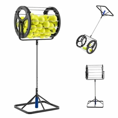 Recogedor de pelotas de tenis, cesta de recogida 2 en 1 con capacidad de 80 pelotas, tolva automática de pelotas con altura ajustable, embudo con asa, para escuela, gimnasio, club