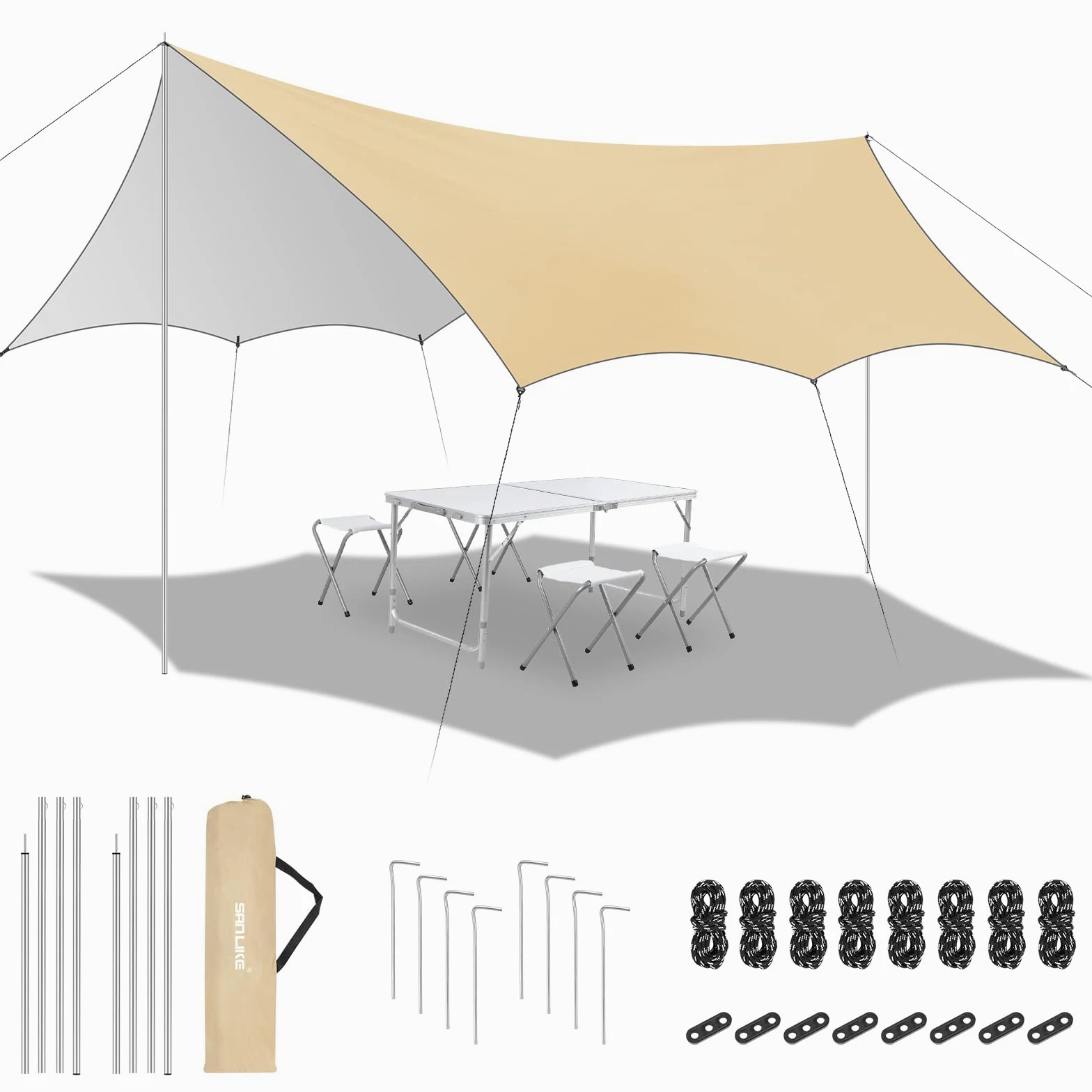 San Like Lona para Tienda de campaña, Tarp 4,5 x 5,2 m Impermeable Toldo Camping, Ultraligera, con Barra de Apoyo, 8 Clavos y 8 Cuerdas de Nailon para Tiendas de campaña | Proporciona estacas y cuerdas de nailon, protección contra el sol y la lluvia para