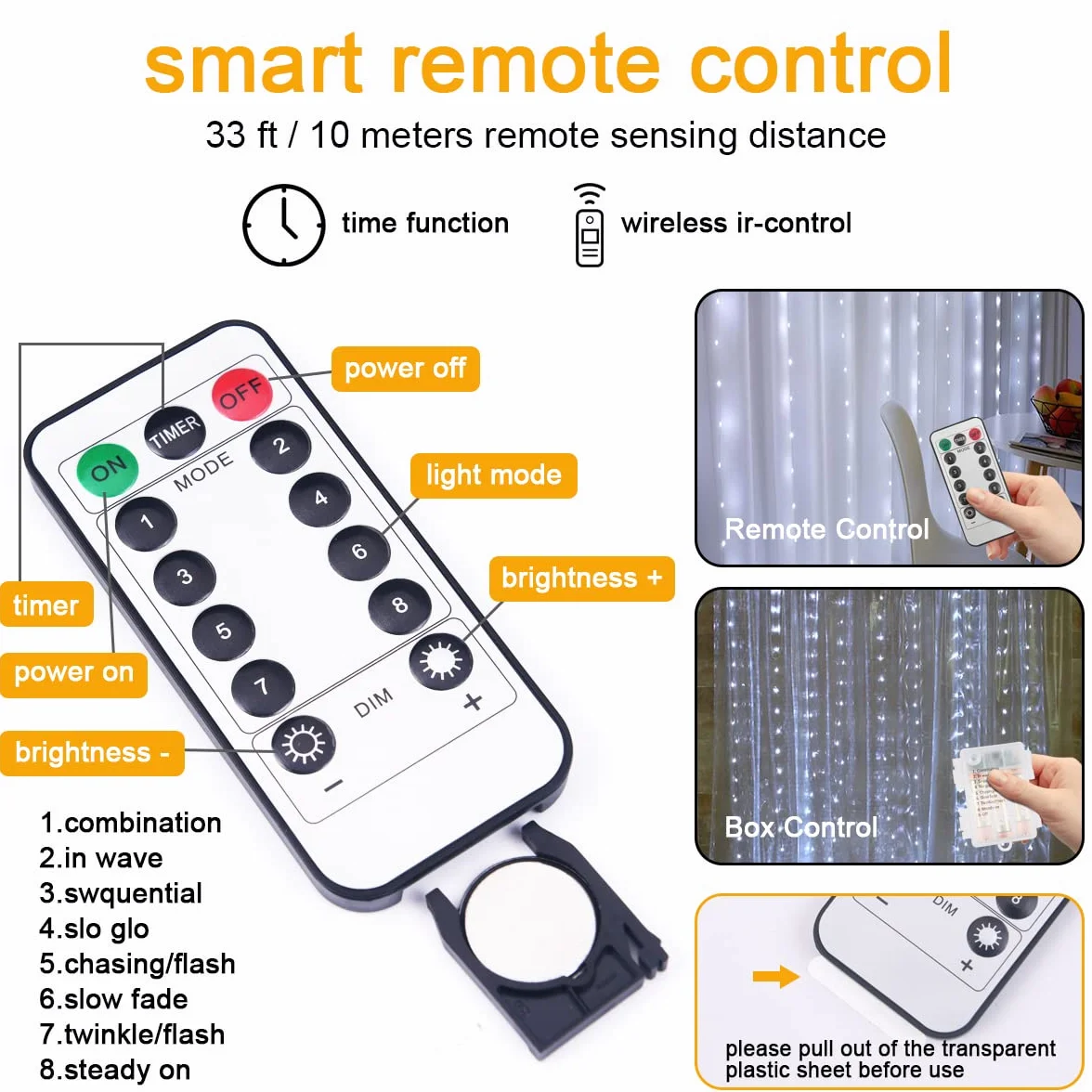Aomig Cortina de Luces LED USB 3m x 3m 300 LED 8 Modos Control Remoto Impermeable para Ventana Navidad