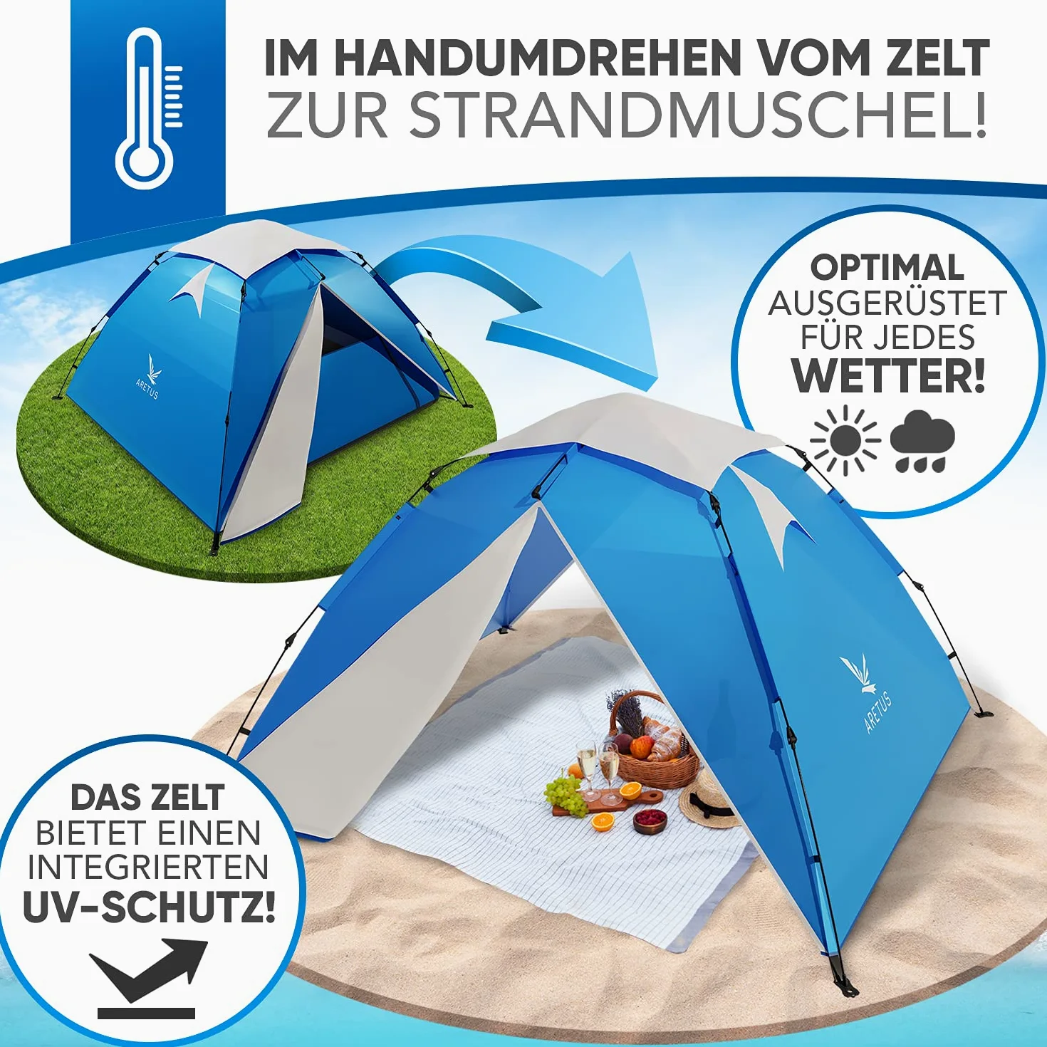 Aretus Tienda de campaña para lanzar – extra impermeable y estable, rápido de montar y desmontar en 45 segundos | Tienda de campaña para 2 personas, impermeable, para 3 personas, tienda de campaña
