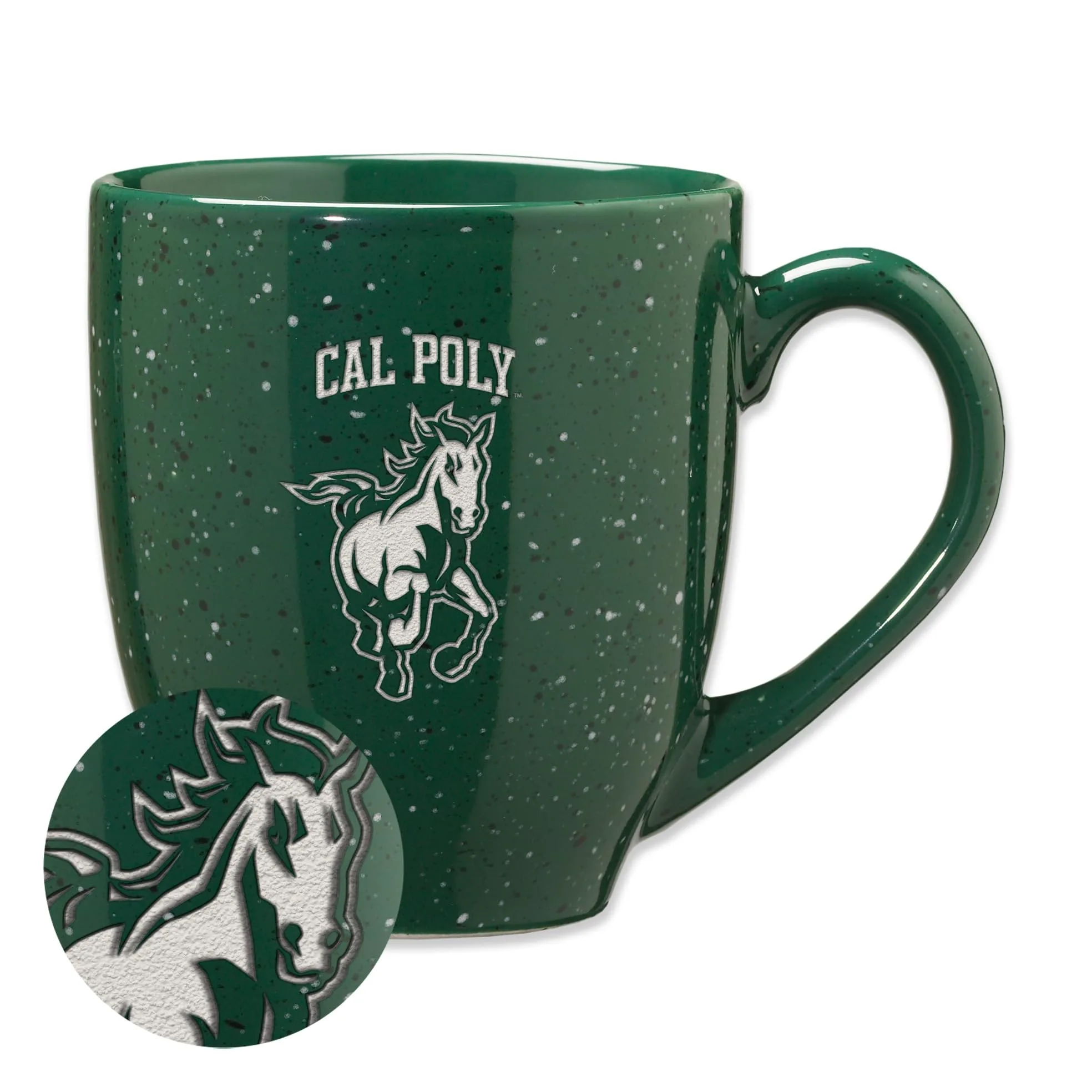 Rico Industries NCAA Cal Poly Mustangs - Taza de café de cerámica moteada grabada con láser, color verde, 16 onzas