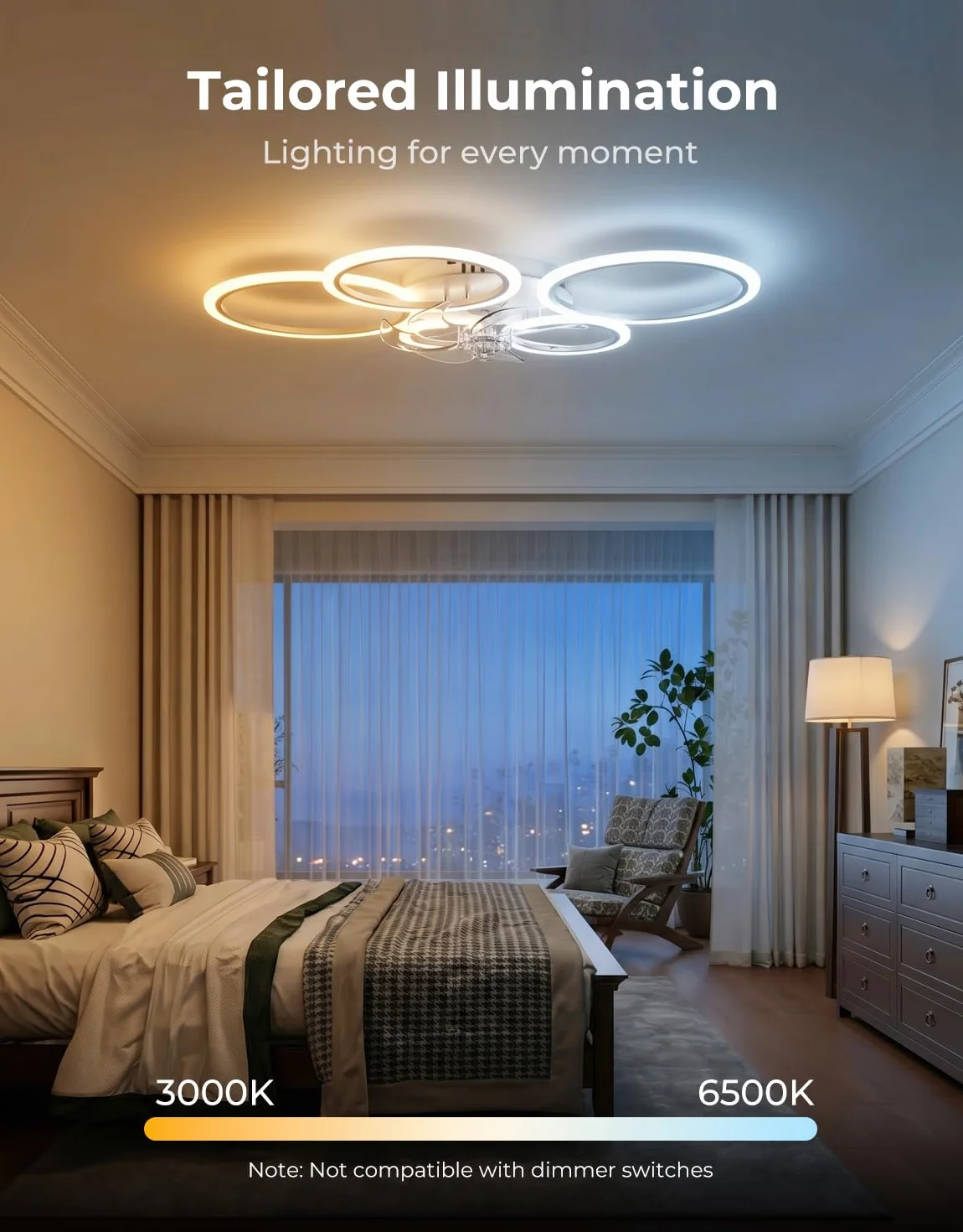Lampara Ventilador Techo LED Compatible con Alexa, Google Assistant, Motor DC, 6 Velocidades, Silencioso