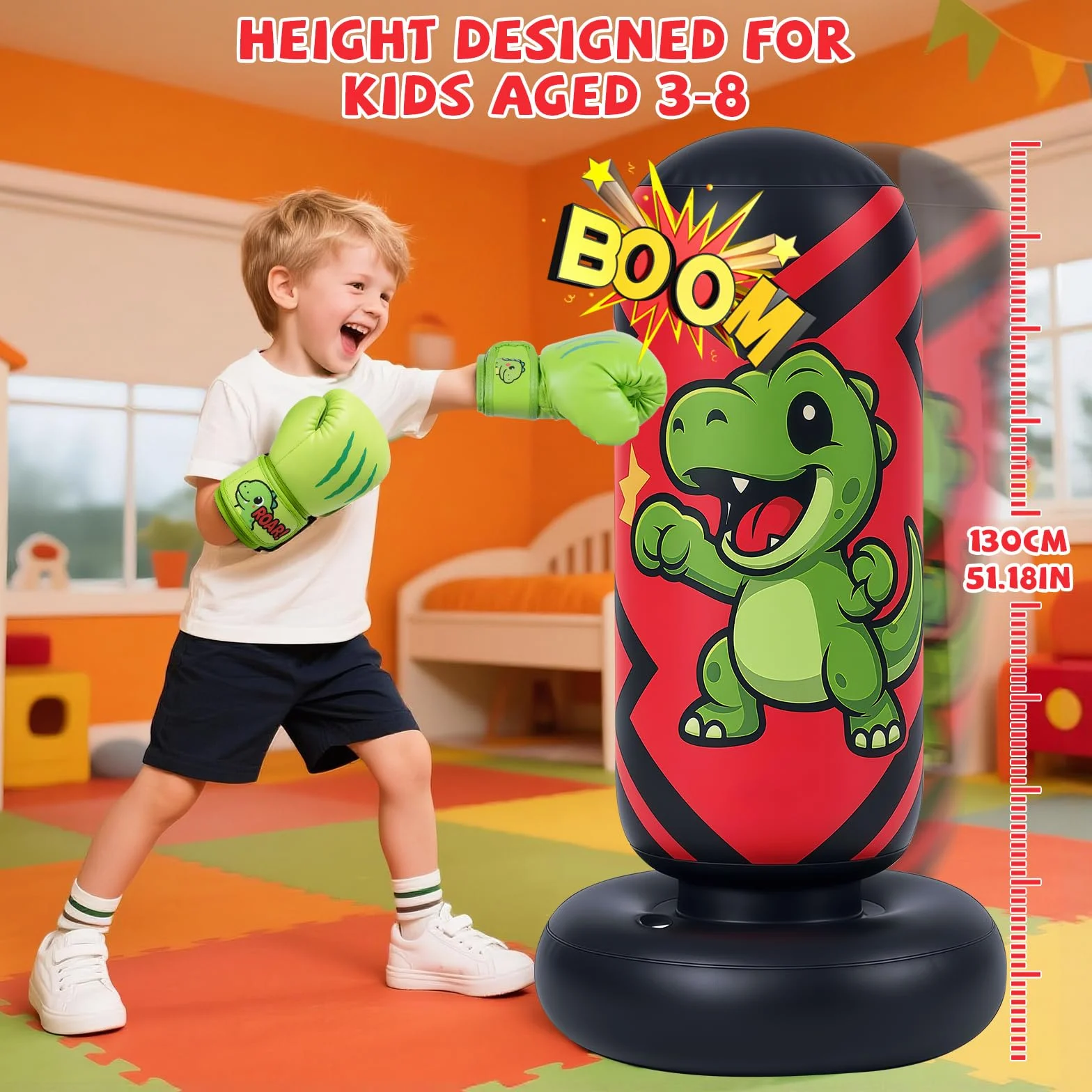 Qoosea Saco de Boxeo Niños, 130cm Bolsa de Boxeo Inflable de Pie con Guantes, Punching Ball Estable para Karate Kickboxing MMA Taekwondo, Regalo Ideal para Niños y Niñas de 3-8 años