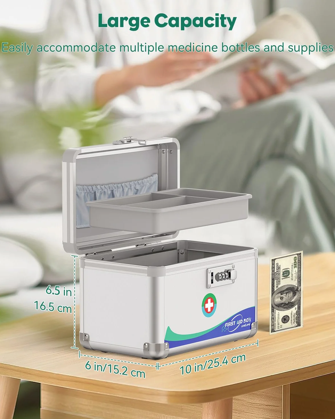 Uniclife Caja de Seguridad para Medicinas Metal con Cerradura de Combinación y Mango Portátil 10" x 6" x 6.5"