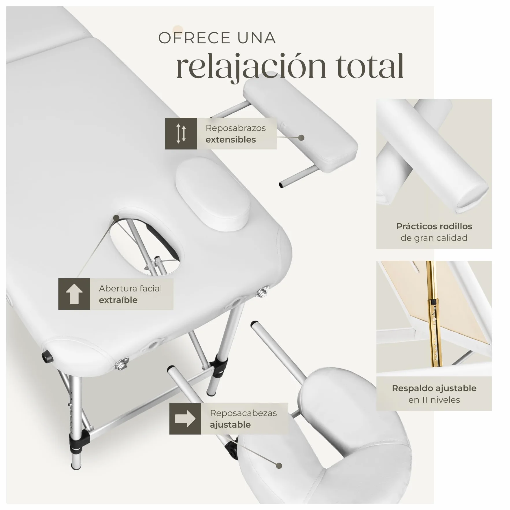 Tectake Camilla de Masaje Plegable de Aluminio, Altura Ajustable, 3 Zonas, con Bolsa de Transporte - Blanco