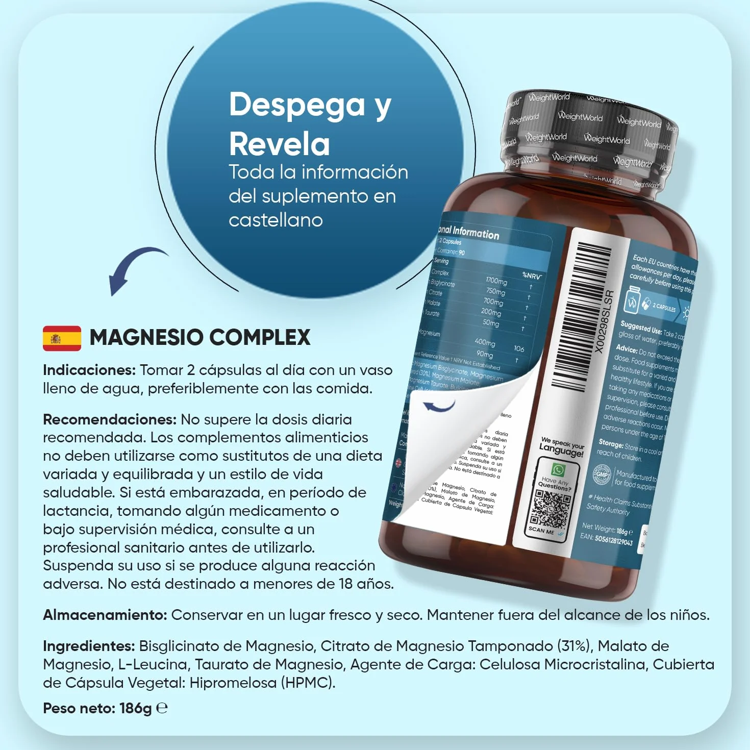 Magnesio Complex 490mg 180 Cápsulas - Citrato, Bisglicinato, Malato, Taurato de Magnesio, L-Leucina, Vegano, Sin Gluten