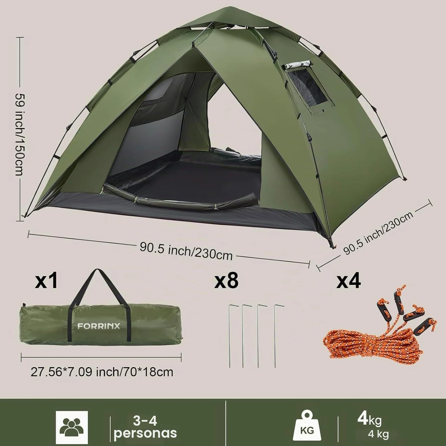 Tienda de campaña Automática para 4 Personas 230 * 230 * 150CM Pop Up Tienda instantánea para 4 Estaciones Protección UV 2 en 1 Doble Capas Tienda Campismo Plegable Familia Cúpula Carpa