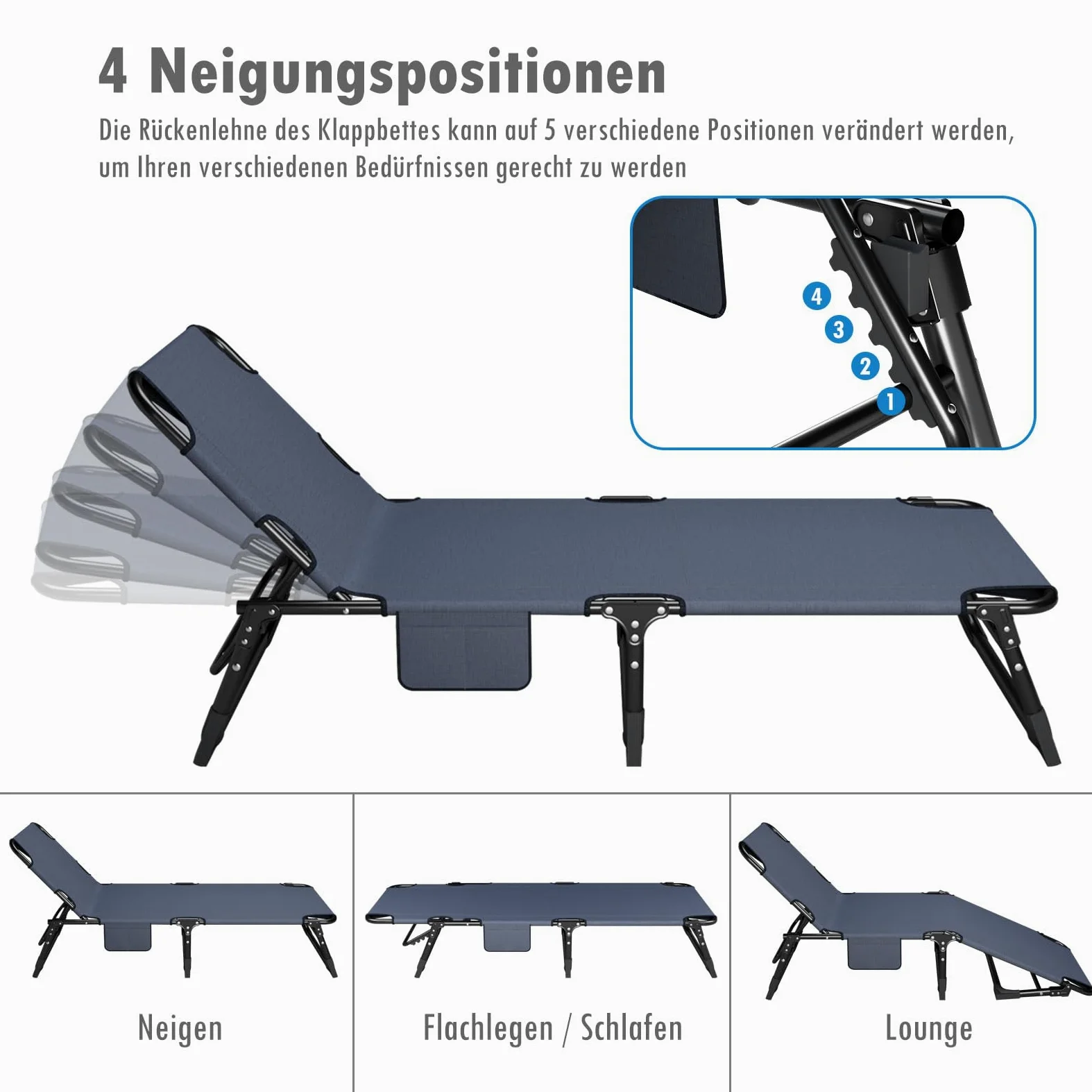 ATORPOK SHOP Tumbona plegable con respaldo ajustable en 5 posiciones, combinación de cama de camping portátil versátil para jardín, piscina, patio, colchón acolchado y cojín – Azul