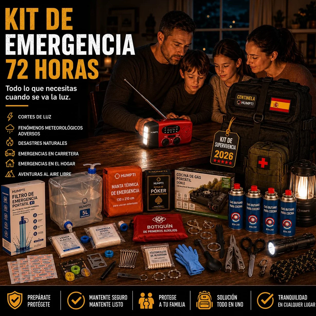 Kit de Supervivencia Completo UE 2026, Mochila Supervivencia 72 Horas Equipada con Camping Gas Portatil, Kit Supervivencia Catastrofe, Botiquín Táctico con Radio Sola, Alicates, Tijeras y Silbato