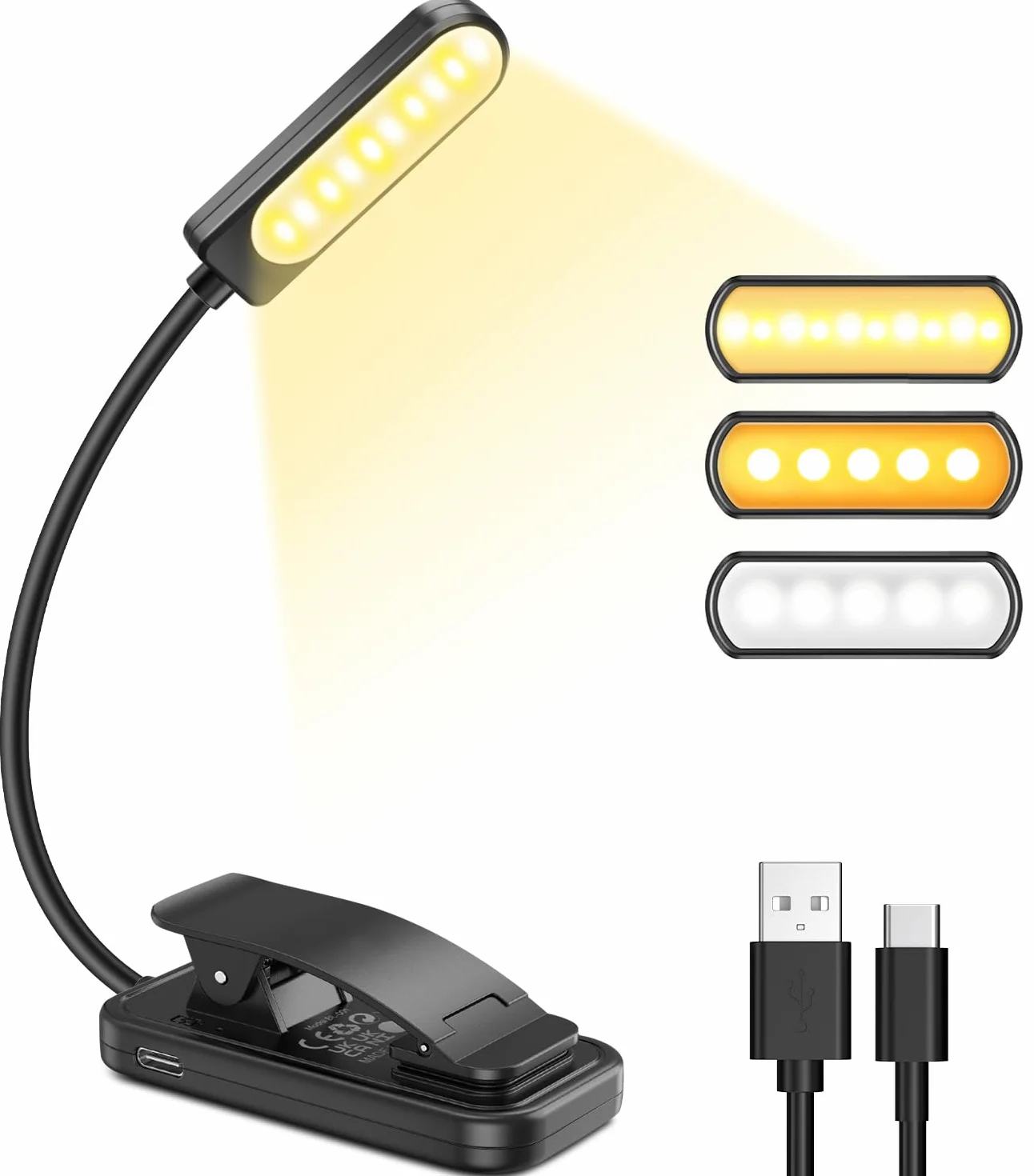 Luz de Lectura USB Recargable 10 LED 3 Colores Atenuación Continua 360° Flexible Protección Ojos Larga Duración