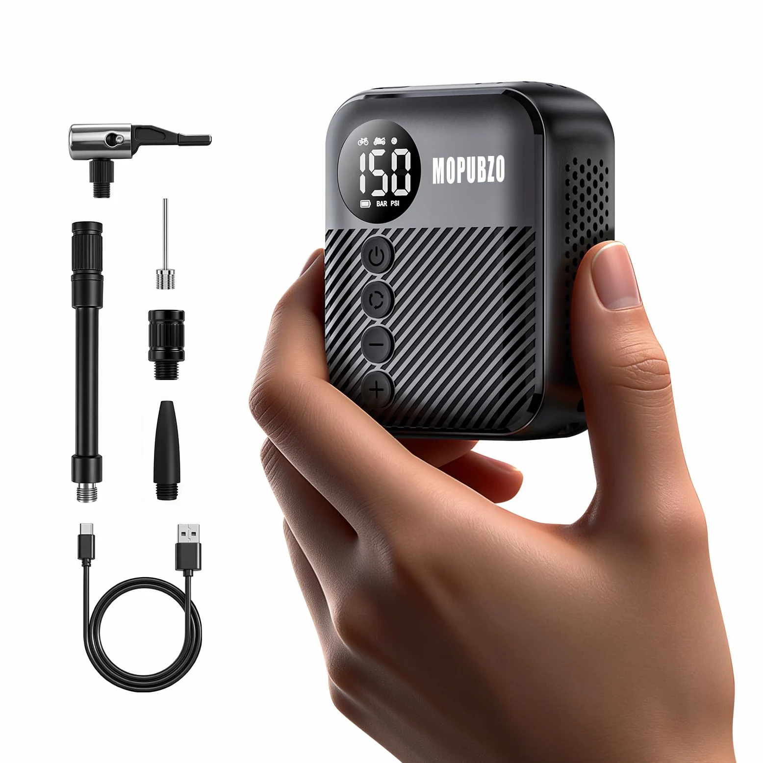 Tiny - Bomba de bicicleta con manómetro, bomba de aire eléctrica de 150 PSI, apagado automático, minibomba eléctrica, compatible con la mayoría de las válvulas de aire, inflado rápido para bicicleta