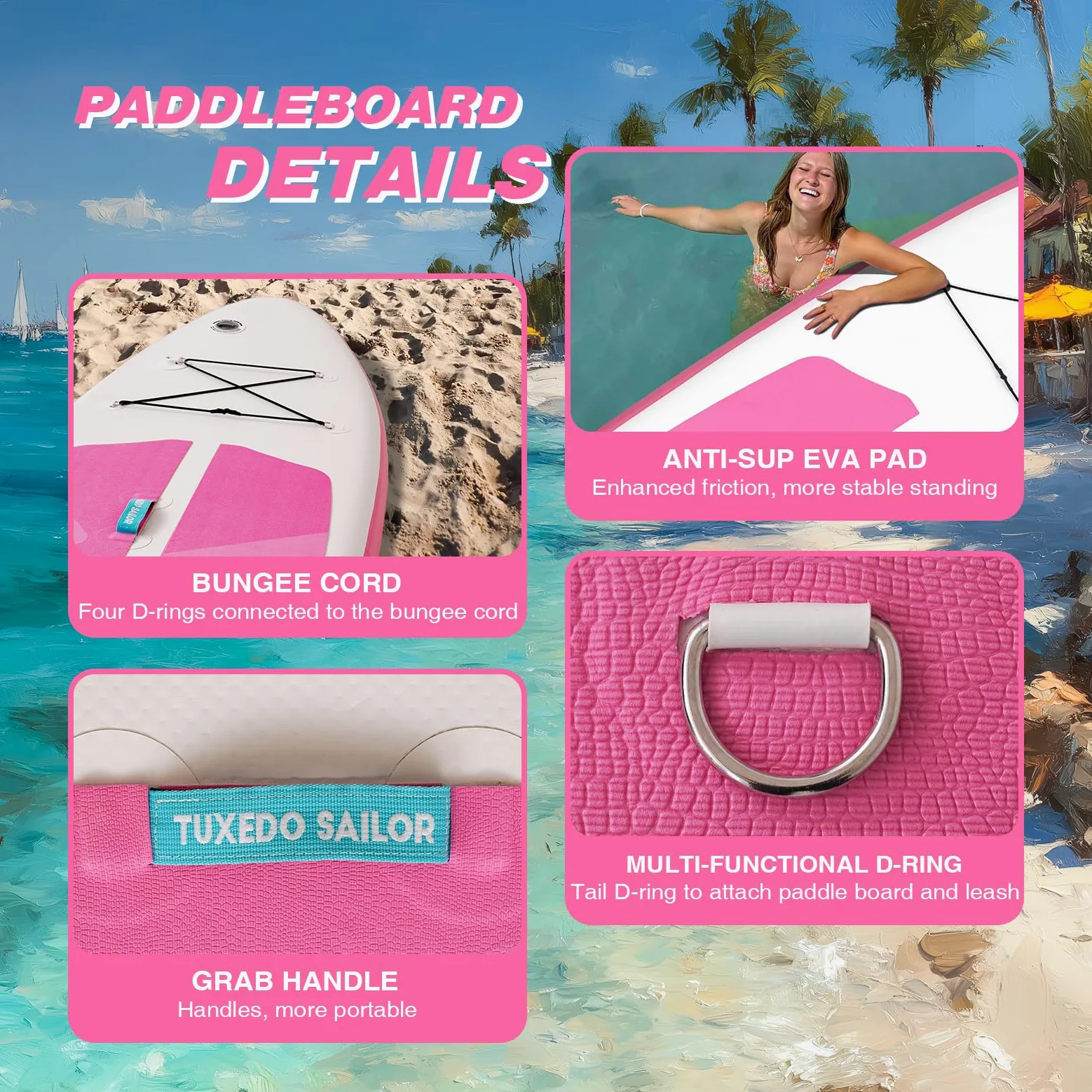 Tuxedo Sailor Tabla de remo inflable plegable para todos los niveles de habilidad, incluye tablas de remo, remo, aletas, mochila, color rosa