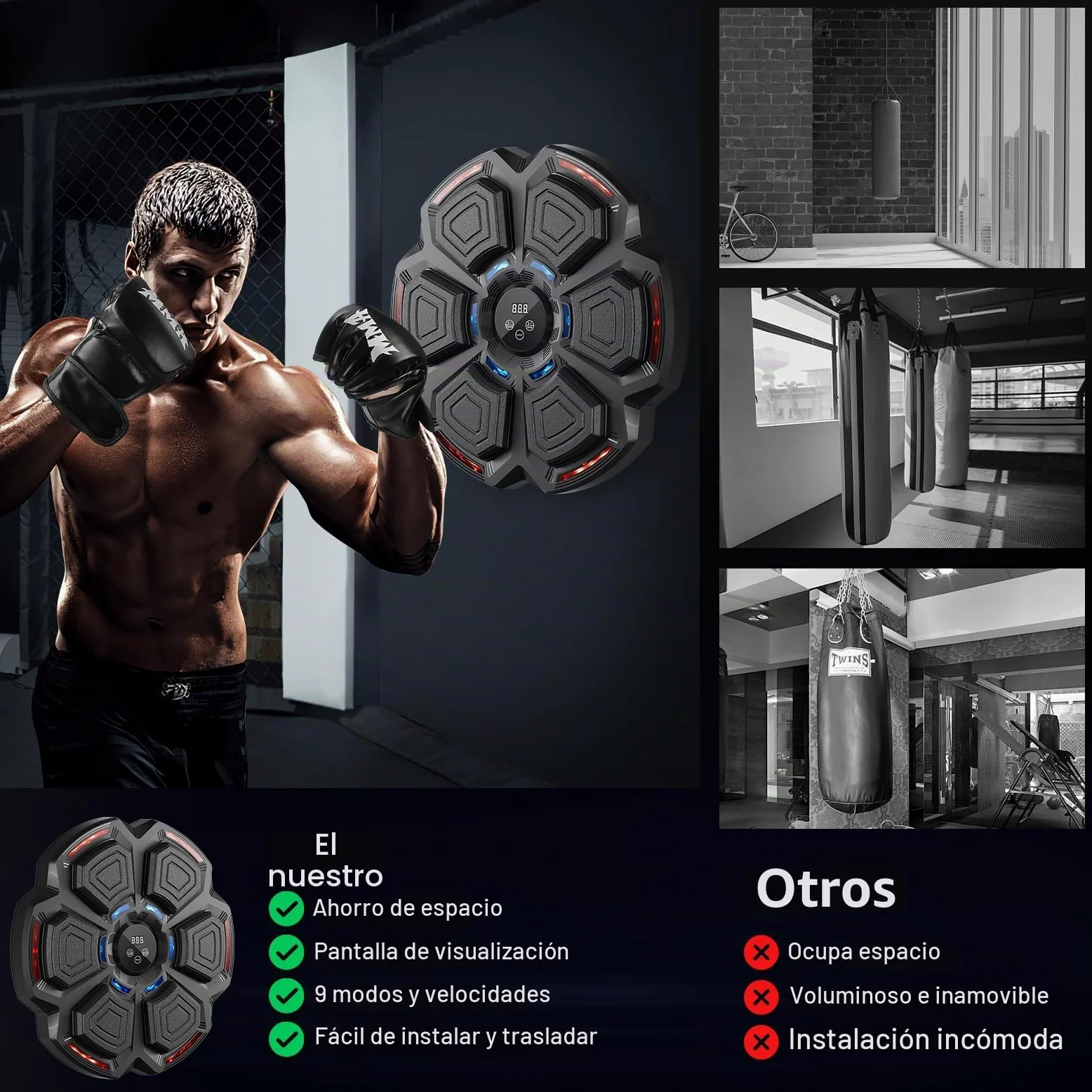 FOOING Máquina de Boxeo Musical Inteligente con Bluetooth, Luces LED y Niveles de Velocidad para Adultos y Niños, Equipo de Entrenamiento para Aliviar el Estrés con Guantes de Boxeo y Práctica Casa